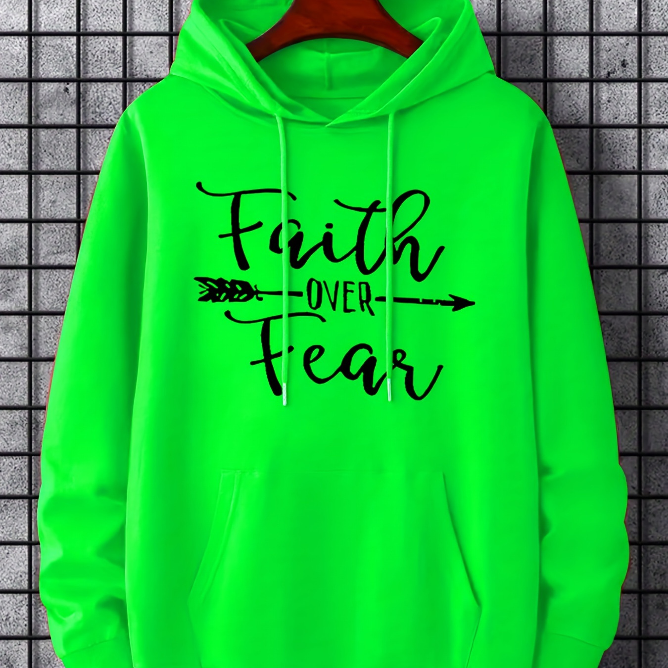 

faith Over Fear" Graphic Print Men's Casual Hoodies, Drawstring Comfortable Oversized Hooded Pullover Sweatshirt Plus Size Best Sellers
