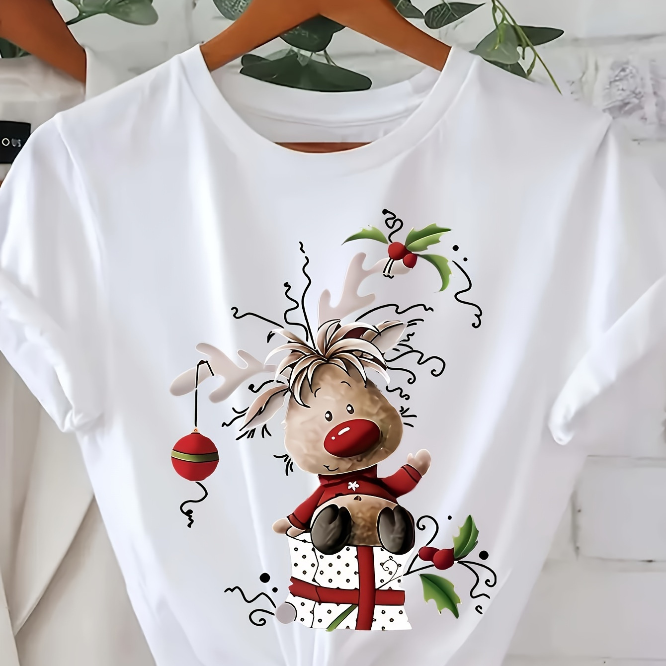 

Women's Christmas T-shirt, , Short Sleeve Crew Neck Casual Top, Polyester Knit Fabric, Regular Length, All - 95% Polyester, 5% Elastane