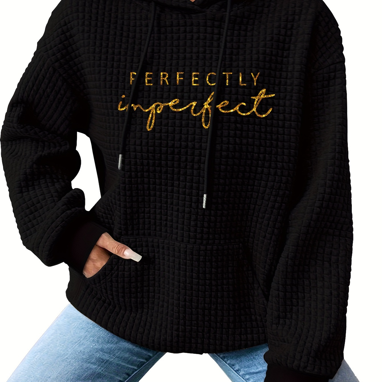 

Women's Casual Waffle-knit Hoodie With Letter Print - Cozy Polyester , Machine Washable, Fall/winter