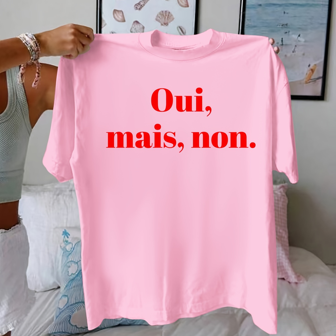 

T-shirt décontracté en polyester pour femme avec imprimé de lettres, tissu micro-élastique toutes , col rond, grande taille - "Oui, mais, non.