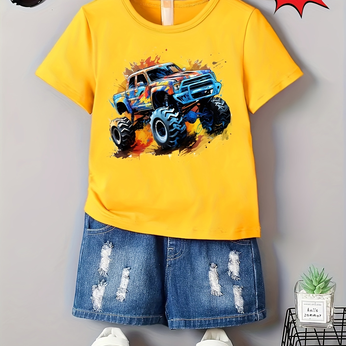

Casual Trendy Boys' Summer Top - Cartoon Car Graphic Short Sleeve Crew Neck T-shirt - Trendy Tee Tops Gift