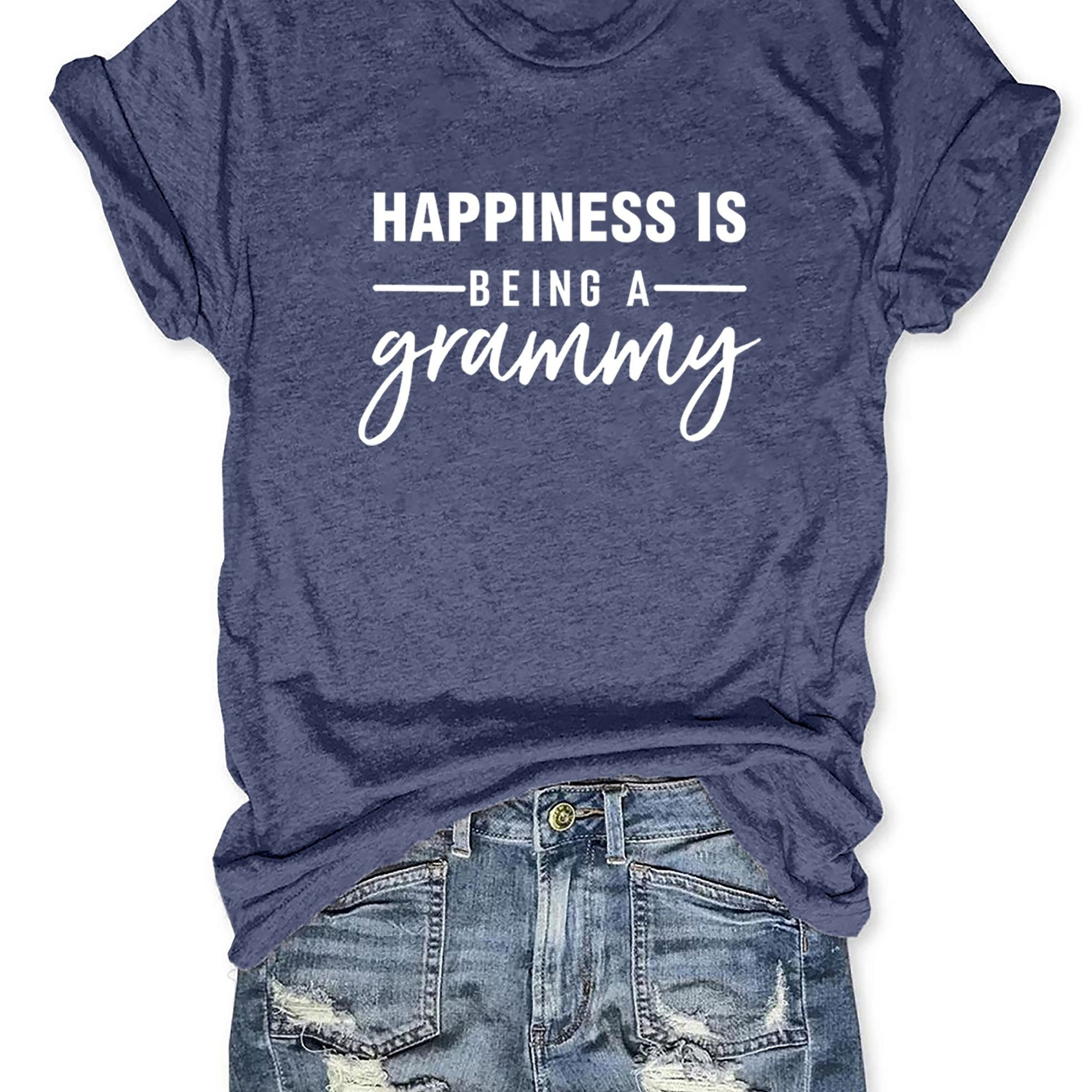 

Happiness Print Crew Neck T-shirt, Casual Short Sleeve Top For Spring & Summer, Women's Clothing