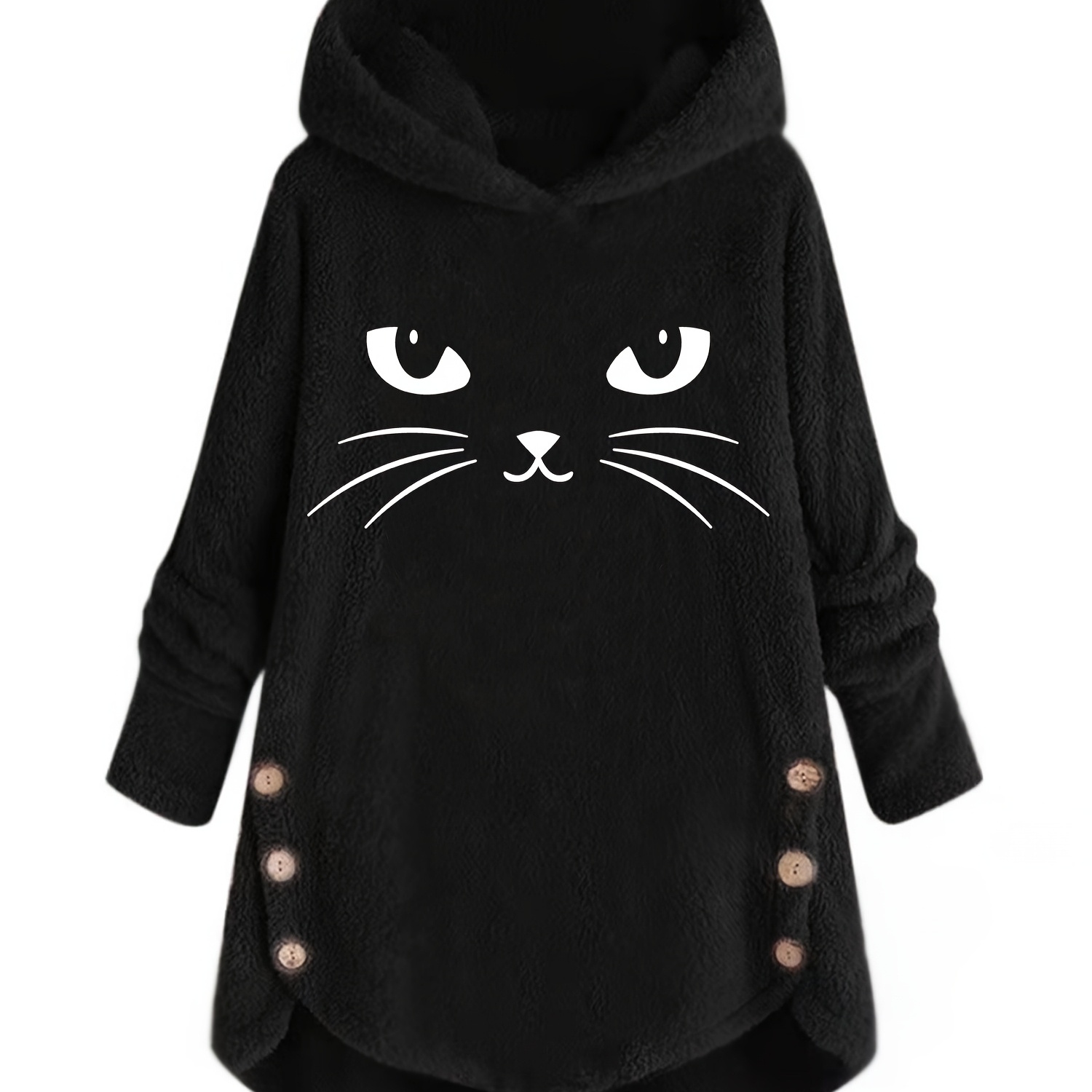 

1pc Sweat à capuche Whimsy pour femme avec oreilles de chat de dessin et imprimé œil de chat, pull en peluche chaud à manches longues avec boutons latéraux, sweat à capuche en polyester pour /hiver