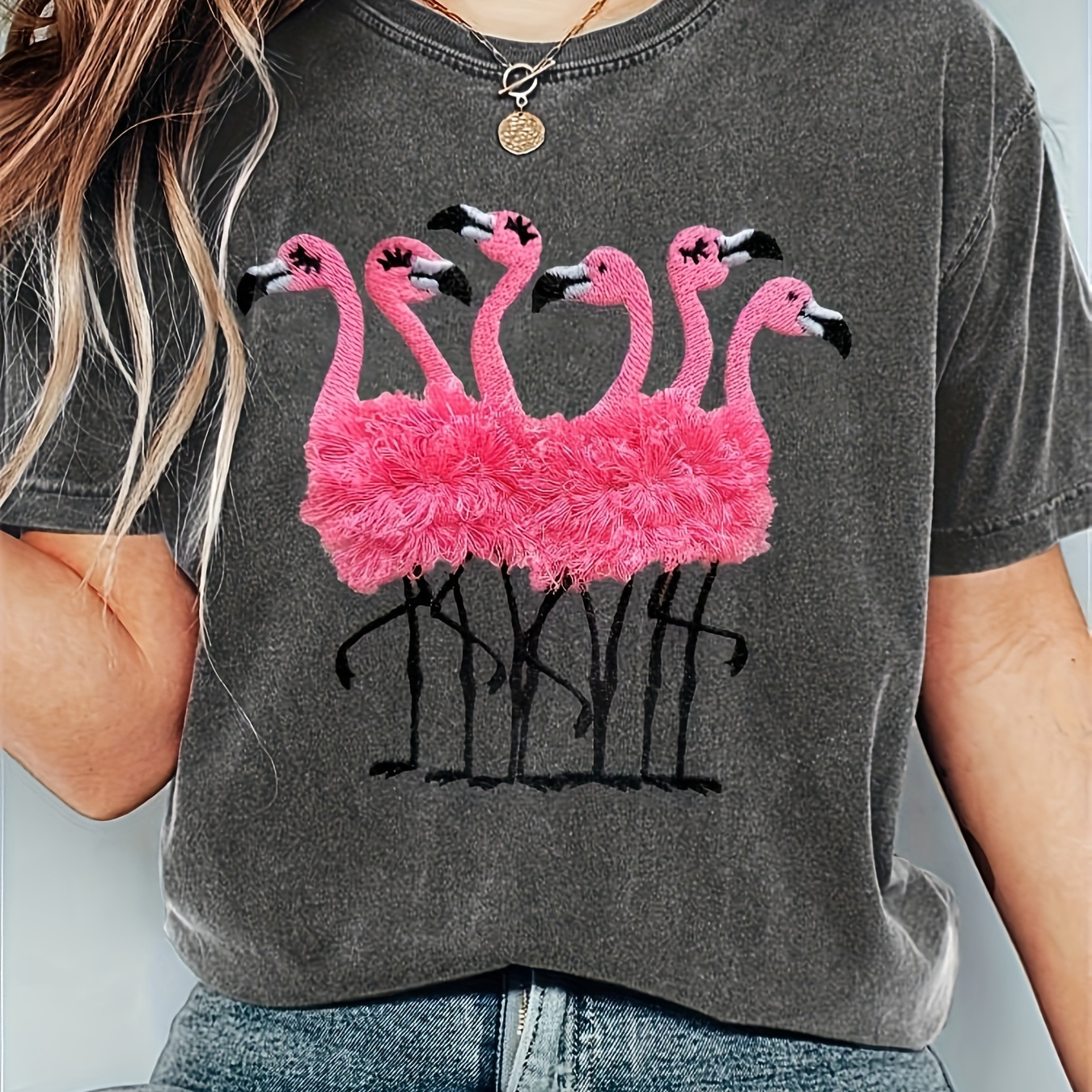 

Flamingo Print T-shirt, Short Sleeve Crew Neck Casual Top For Summer & Spring, Women's Clothing