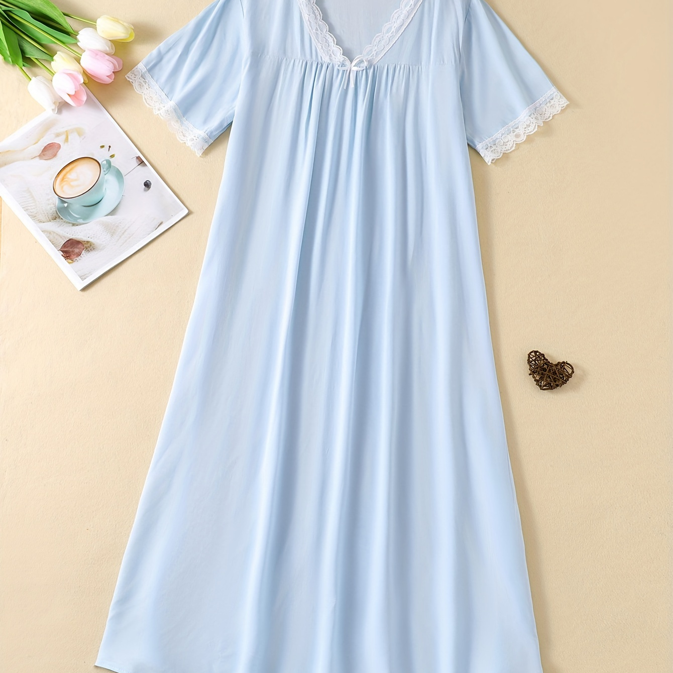 

Casual Solid Lace Trim Nightdress, V Neck Short Sleeve Sleep Dress, Women's Sleepwear & Dresses