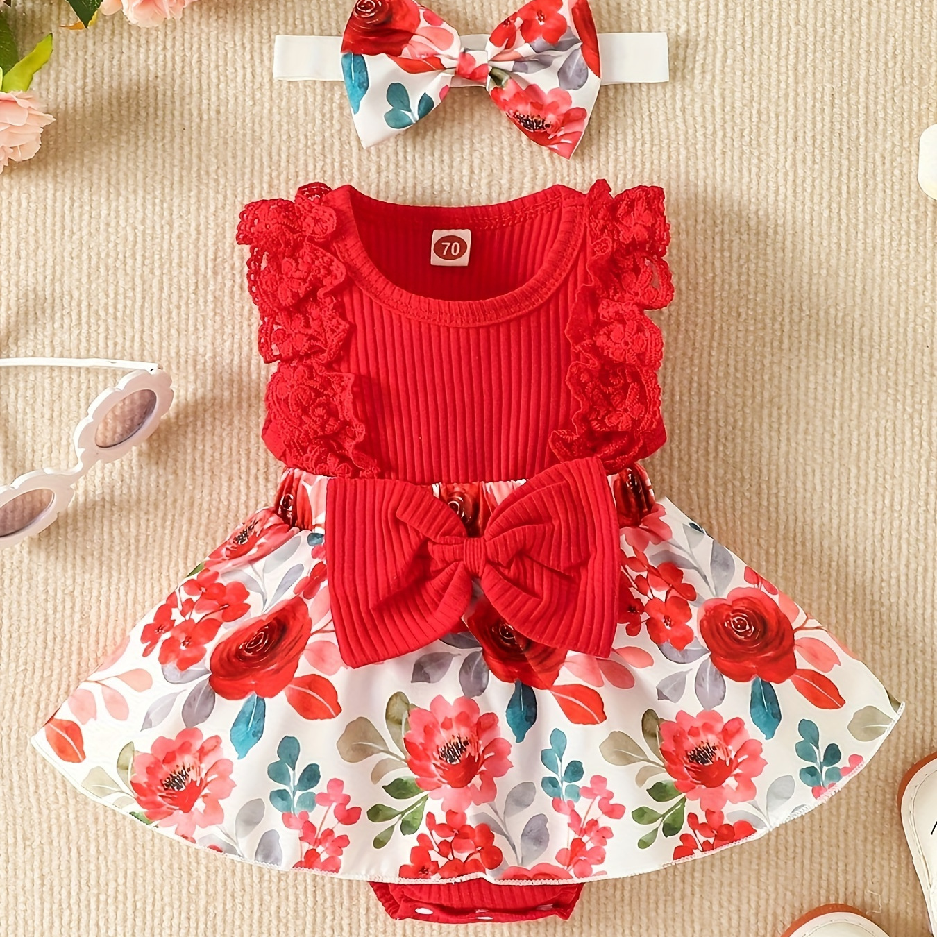 

Baby Girls Clothes Newborn Romper Dress, Infant Lace Ruffle Sleeveless Summer One-piece Cotton Outfits With Headband