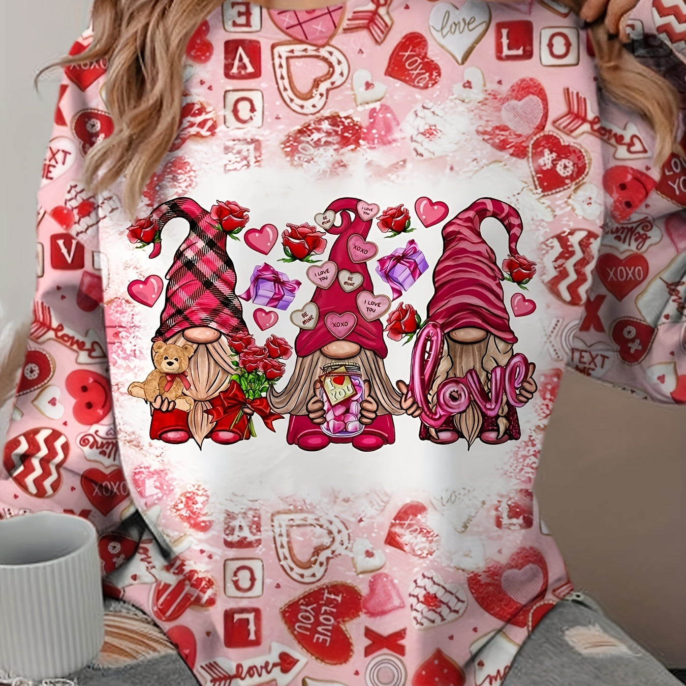 

Plus Size Gnome Print Crew Neck Top, Casual Long Sleeve Top For Spring & Fall, Women's Plus Size Clothing