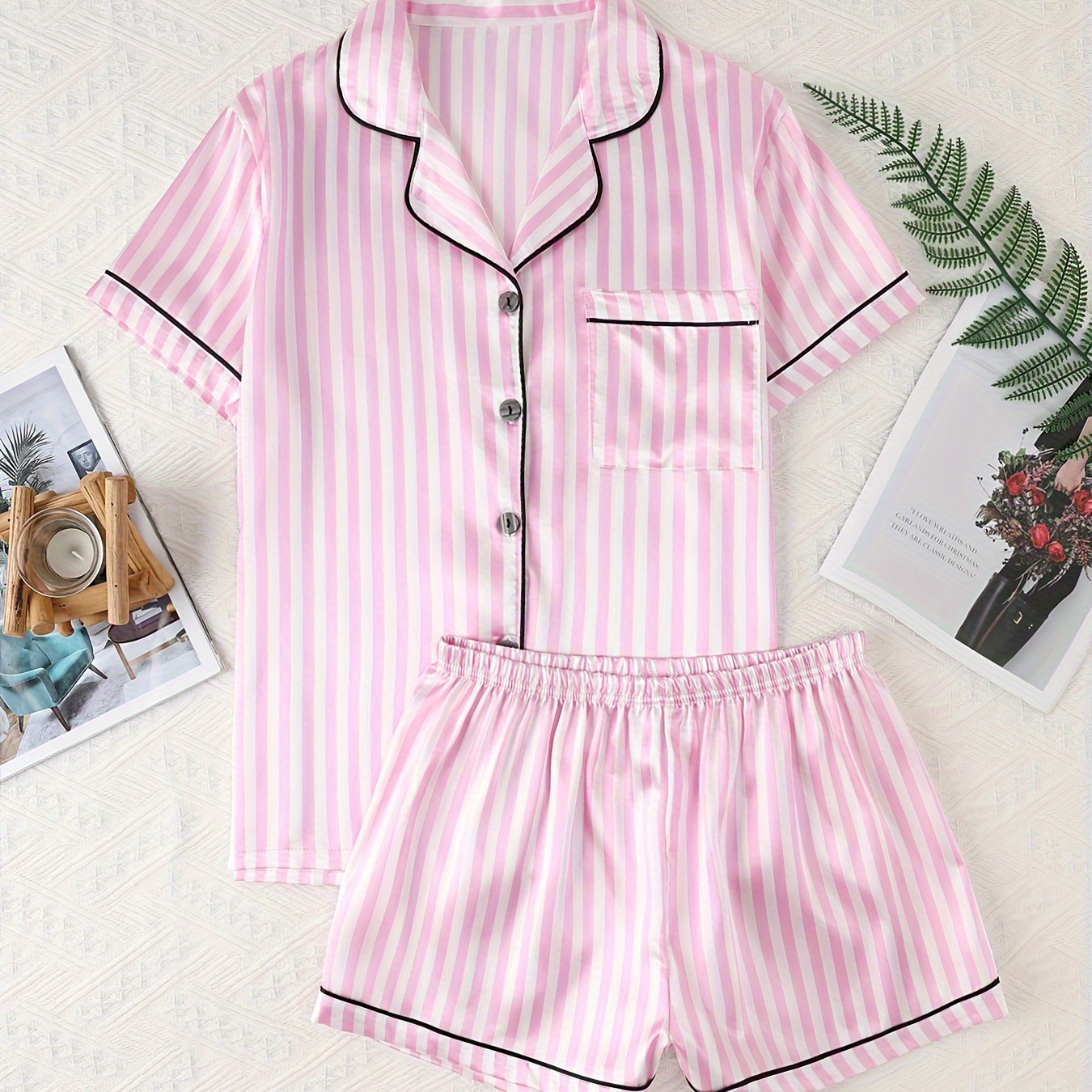 

Women's Stripe Print Satin Casual Pajama Set, Short Sleeve Buttons Lapel Top & Shorts, Comfortable Relaxed Fit