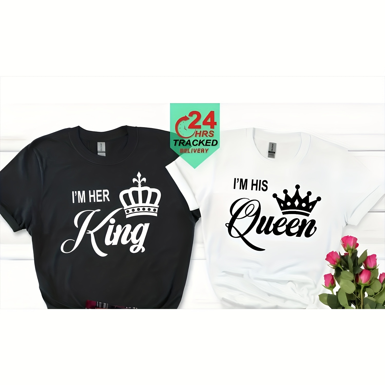 

1pc-matching His And Hers King Queen Tartan, White Tops Couple Valentines Gifts, Boyfriend Girlfriend Couple Matching Christmas Pajamas-180g 100% -sided Printed Crew Neck Short Sleeve T-shirt Szh