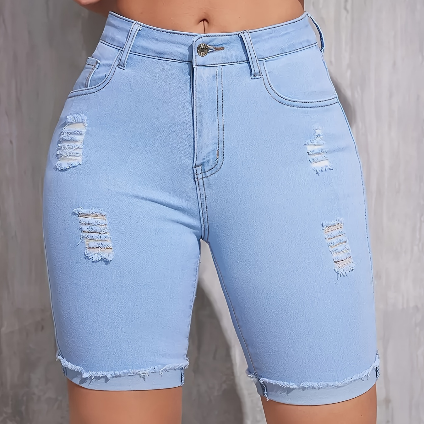 

Women's Fashionable High-waisted Stretchy Bermuda Denim Cycling Shorts, Elegant Style, Comfort Fit, Distressed Detailing, Summer Essential - Light Blue