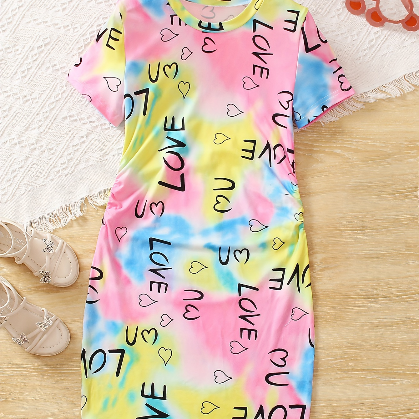 

Girls Rainbow Tie Dye & Letter Graphic Short Sleeve Dress For Going Out Party Beach Holiday Vacation Kids Summer Clothes