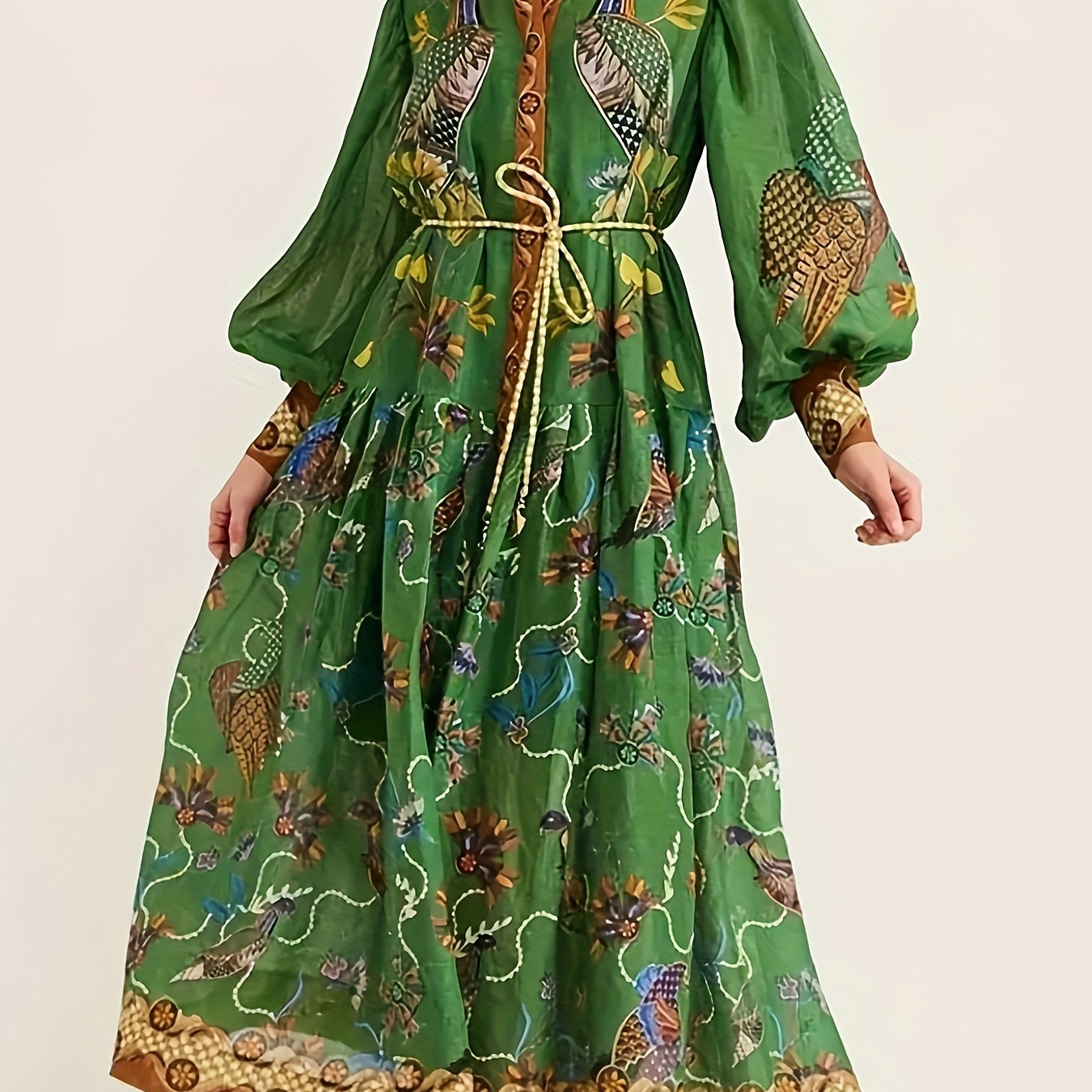 

Ethnic Print Belted Lantern Sleeve Dress, Vintage Button Front Aline Swing Dress, Women's Clothing