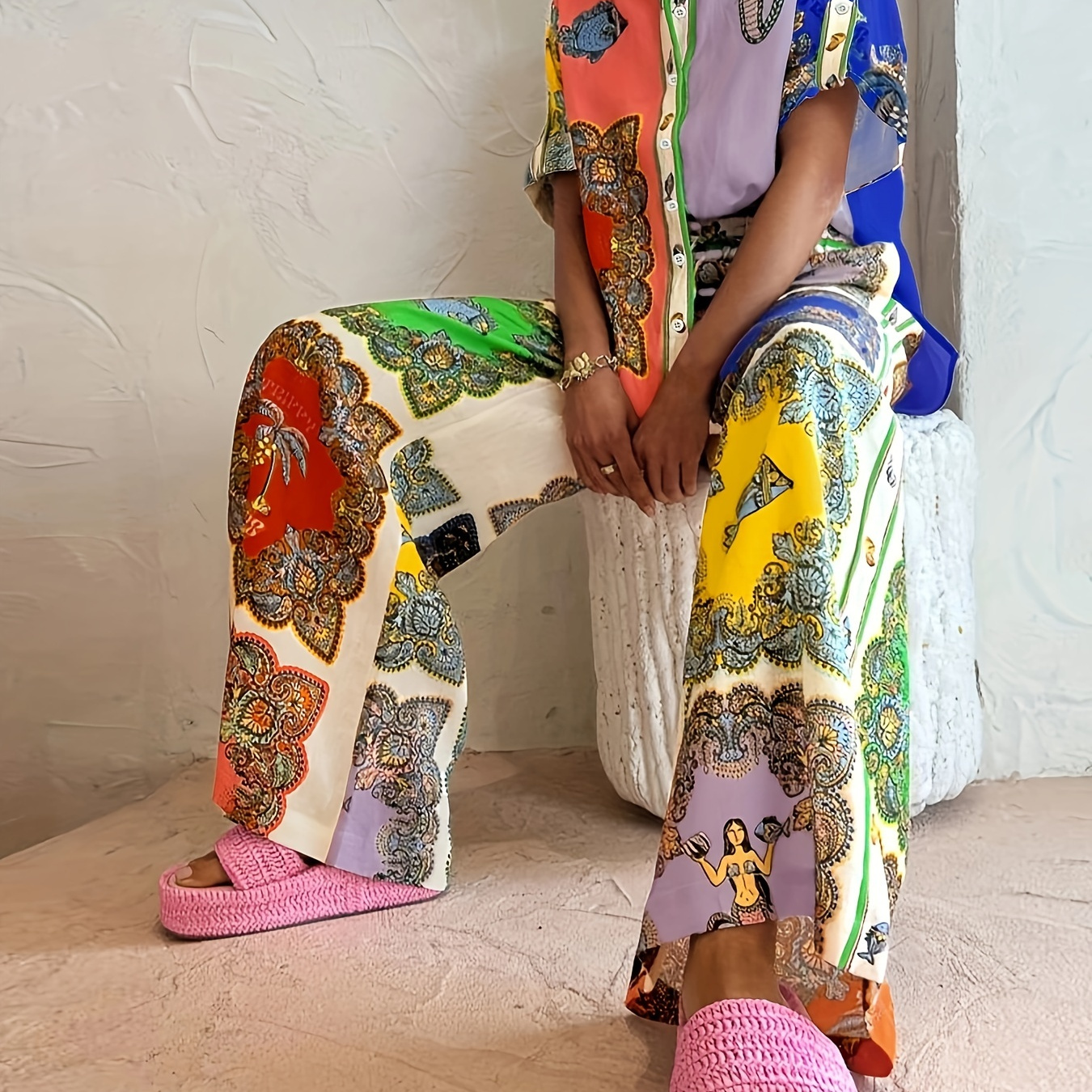 

Graphic Print 2 Piece Set, Button Front Short Sleeve Shirt & Wide Leg Pocket Pants Outfits, Women's Clothing
