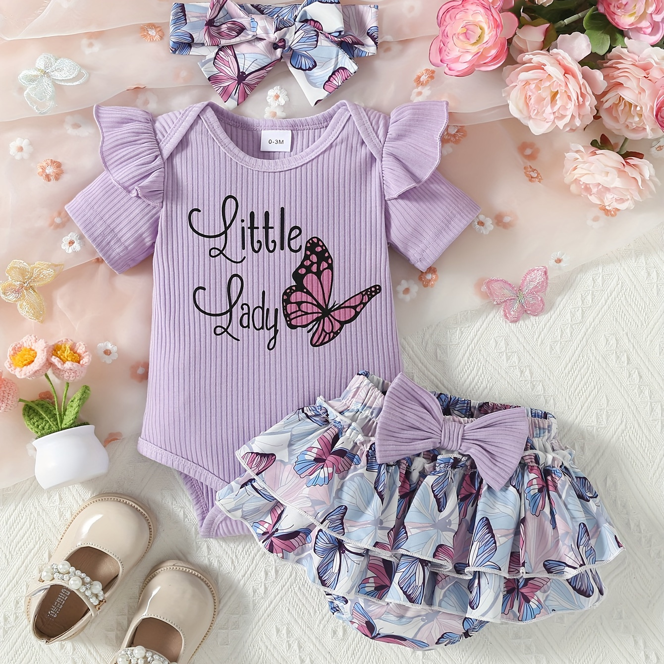 

Newborn Baby Girls Summer Butterfly Print Pleated Short Sleeve Pit Strip Top Lantern Pants Skirts Set With Bandana