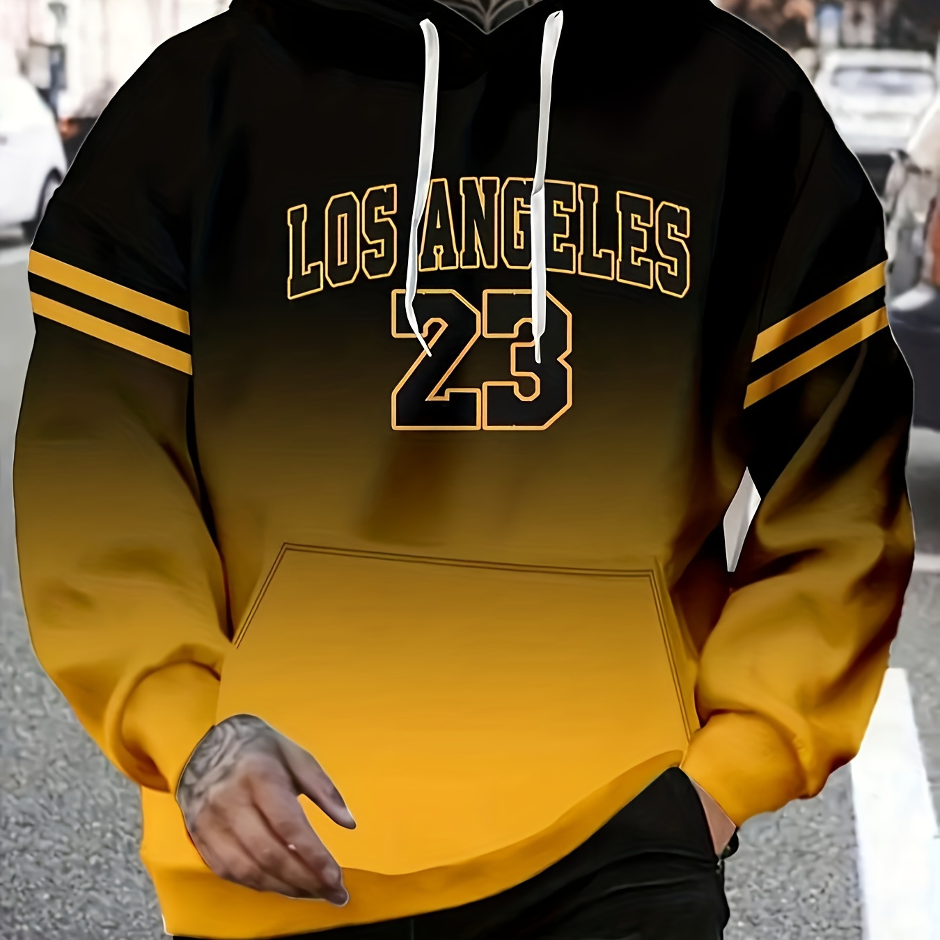 

Los Angeles 23 Print, Men's Gradient Casual Plus Size Drawstring Long Sleeve Sweatshirt Hoodie, Trendy Hooded Sweatshirt For Men's