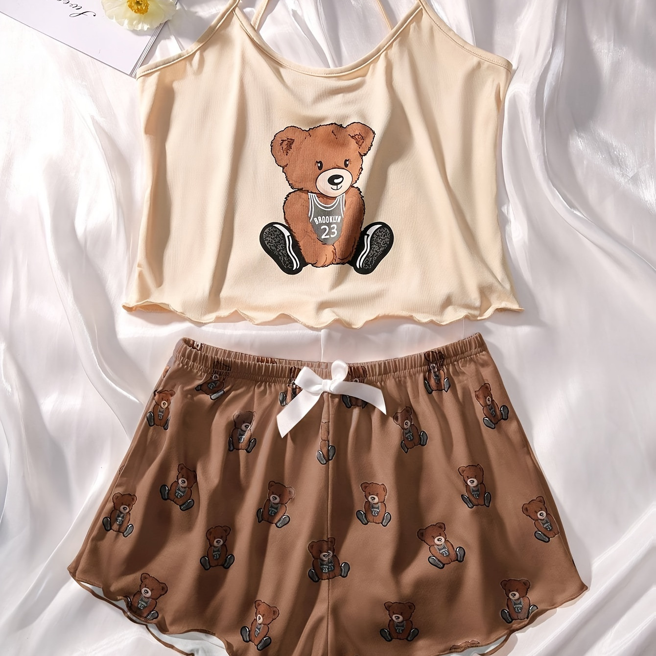 

Women's Cute Bear Print Frill Trim Pajama Set, Round Neck Backless Crop Cami Top & Shorts, Comfortable Relaxed Fit, Summer Nightwear