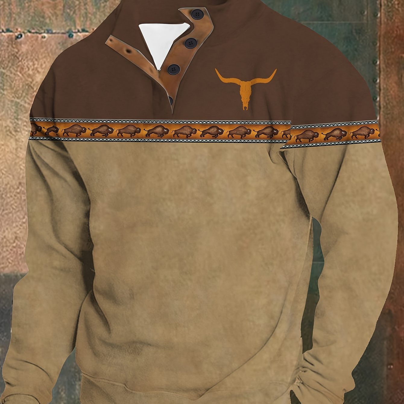 

Plus Size Men' Sports Long Sleeve Top With & Longhorn Applique, 100% Polyester Knit Fabric, Collared Neck With Slight Stretch