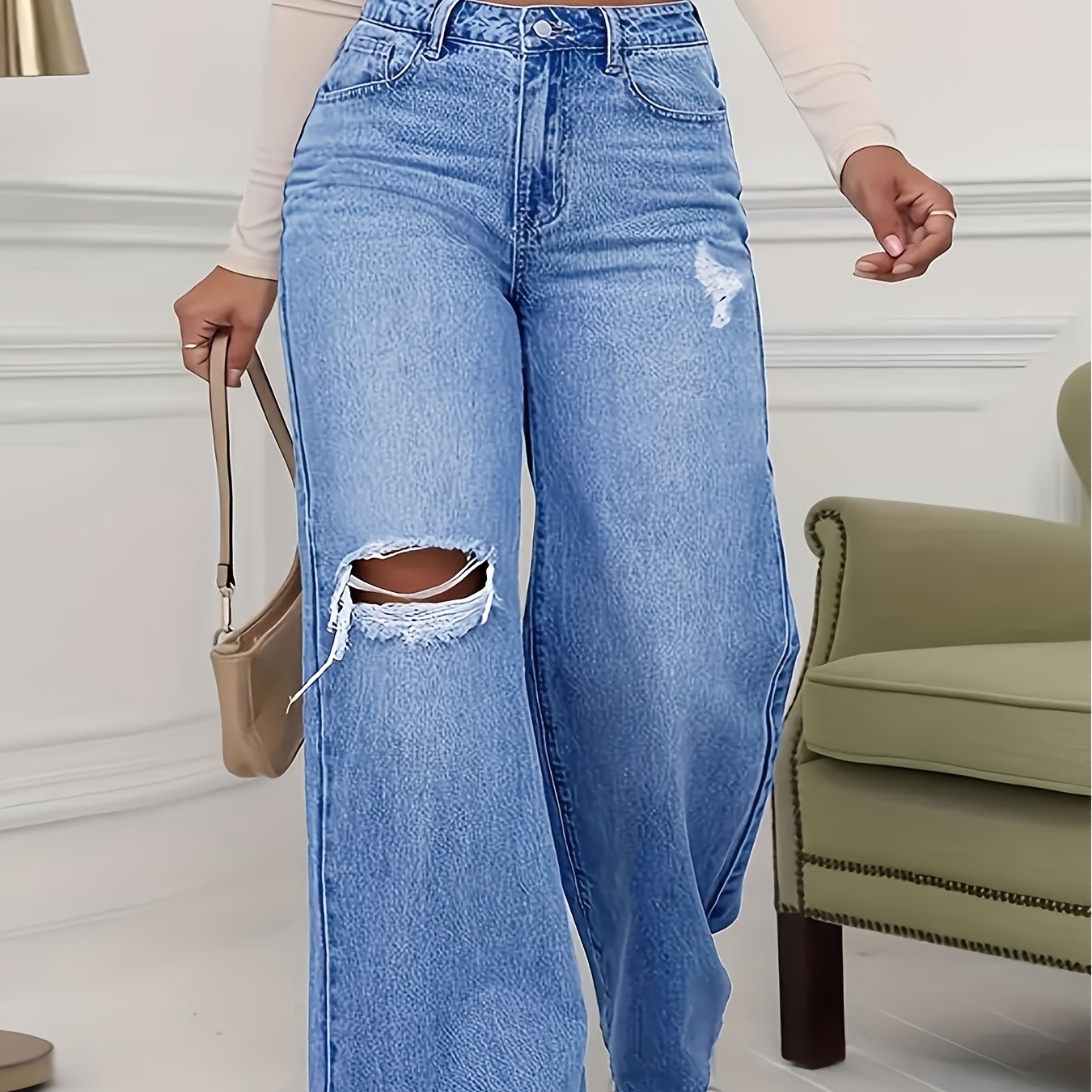 

Ripped Loose Fit Washed Blue Casual Style Zipper Button Closure Denim Pants, Women's Denim Jeans & Clothing