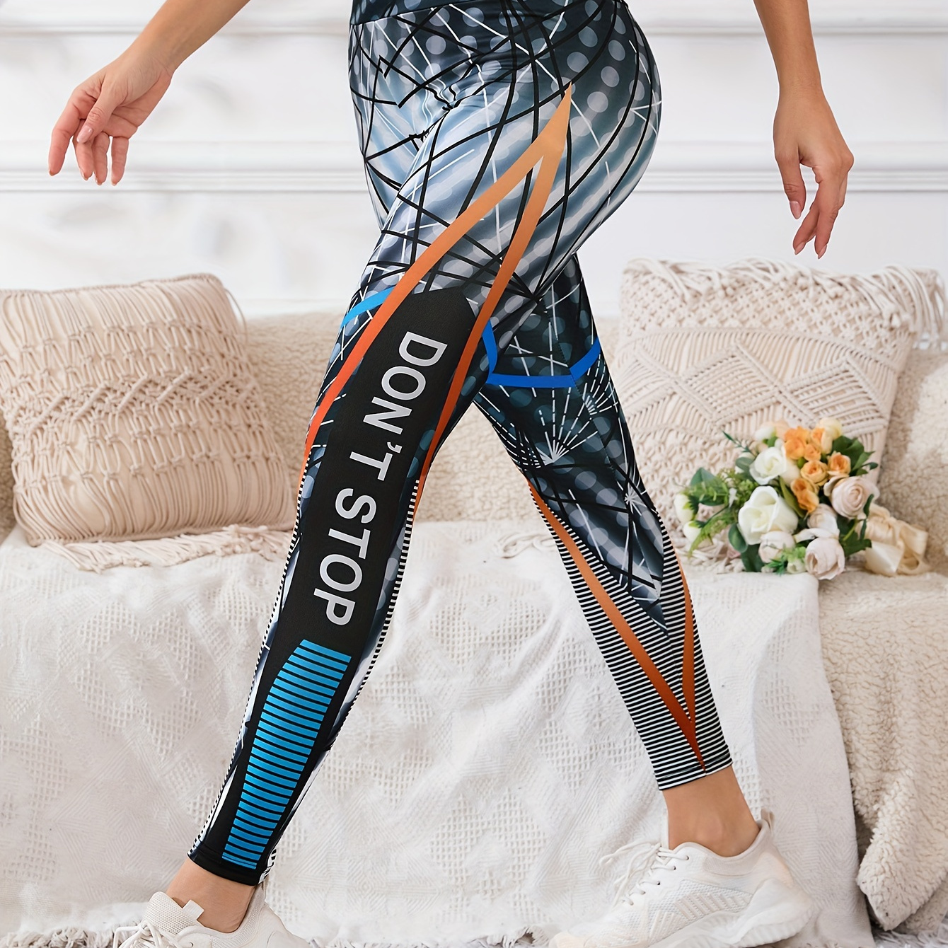 

Pantalon de yoga en polyester taille haute pour femmes avec élasthanne, leggings de sport respirants, bloc de couleur tie-dye à stretch moyen, pour toutes les