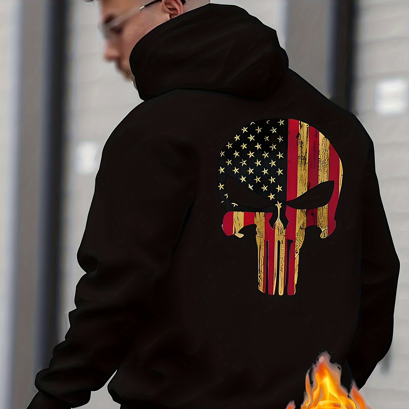 

Scary Skull In American National Flag Style Graphic Print Hoodie, Cool Sweatshirt For Men, Men's Casual Hooded Pullover Streetwear Clothing For Spring Fall Winter, As Gifts