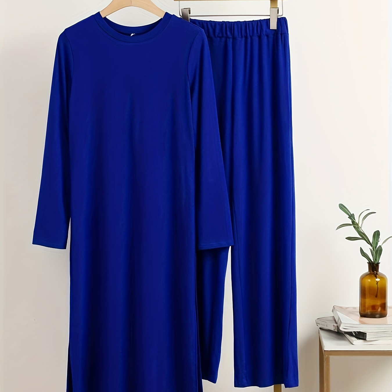

Elegant Solid Color Pants Set, Crew Neck Long Sleeve Split Hem Long Length Top & Straight Leg Pants Outfits, Women's Clothing