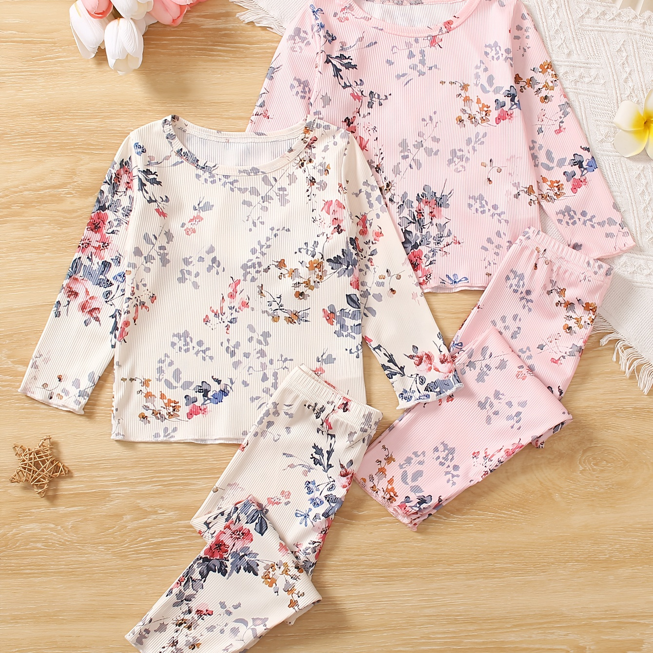 

2 Sets Baby's Flower Pattern Long Sleeve Top & Comfy Ribbed Pants, Toddler & Infant Girl's Clothing Set For Spring Summer