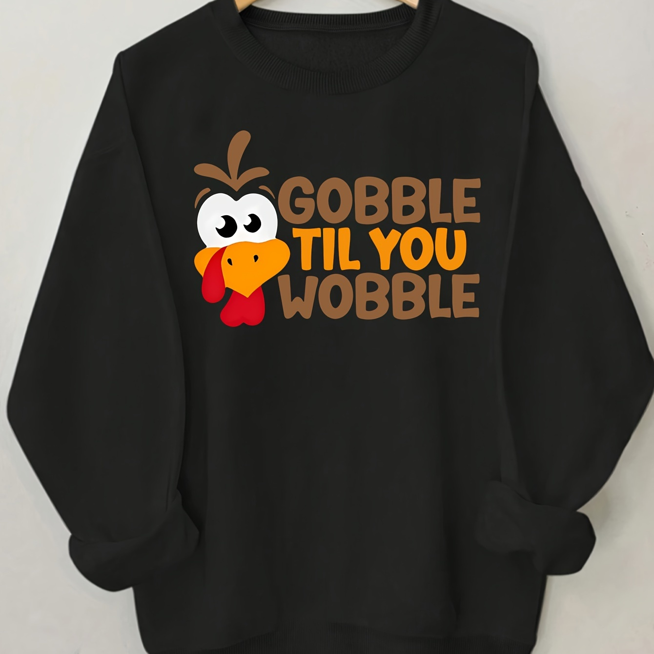 

Casual Crew Neck Sweatshirt For Women - 100% Polyester, Geometric-pattern Knit Fabric, Long Sleeve Pullover For Spring/fall - 'gobble Til You Wobble' Graphic