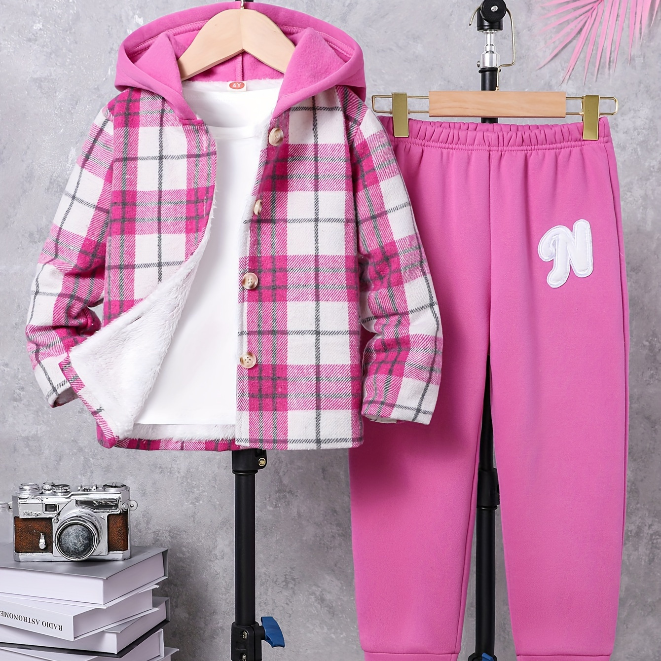 

Ensemble 2 pièces pour filles, manteau à capuche à carreaux avec doublure en , pantalon en décontracté, polyester, coupe standard, tenue de mode automne/hiver pour enfants