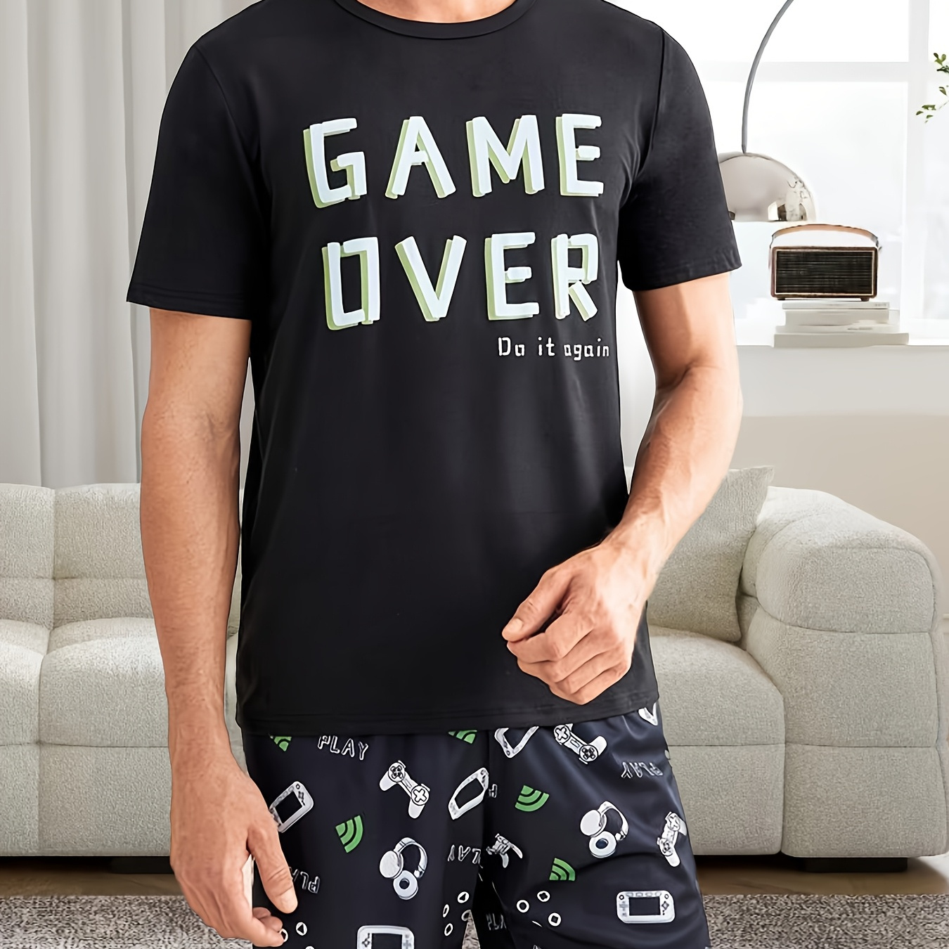 

Men's Casual Letter Print Pajama Set - Comfy Polyester & Elastane , Round Neck T-shirt And Shorts, Machine Washable