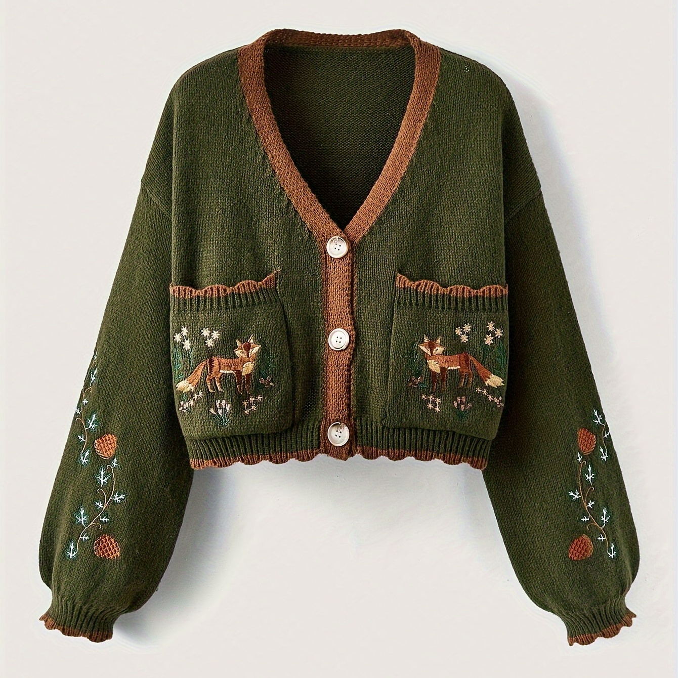 

Cardigan boutonné sur le devant avec motif animal et végétal, cardigan décontracté à col en V festonné à manches longues avec poche pour et l'hiver, vêtements pour femmes.