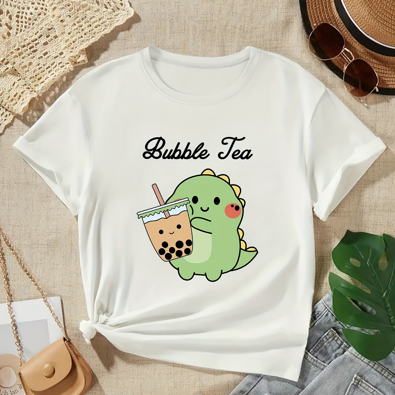 

Cartoon Dinosaur With Bubble Tea Graphic Print, Tween Girls' Casual & Comfy Crew Neck Short Sleeve Tee For Spring & Summer, Tween Girls' Clothes For Outdoor Activities