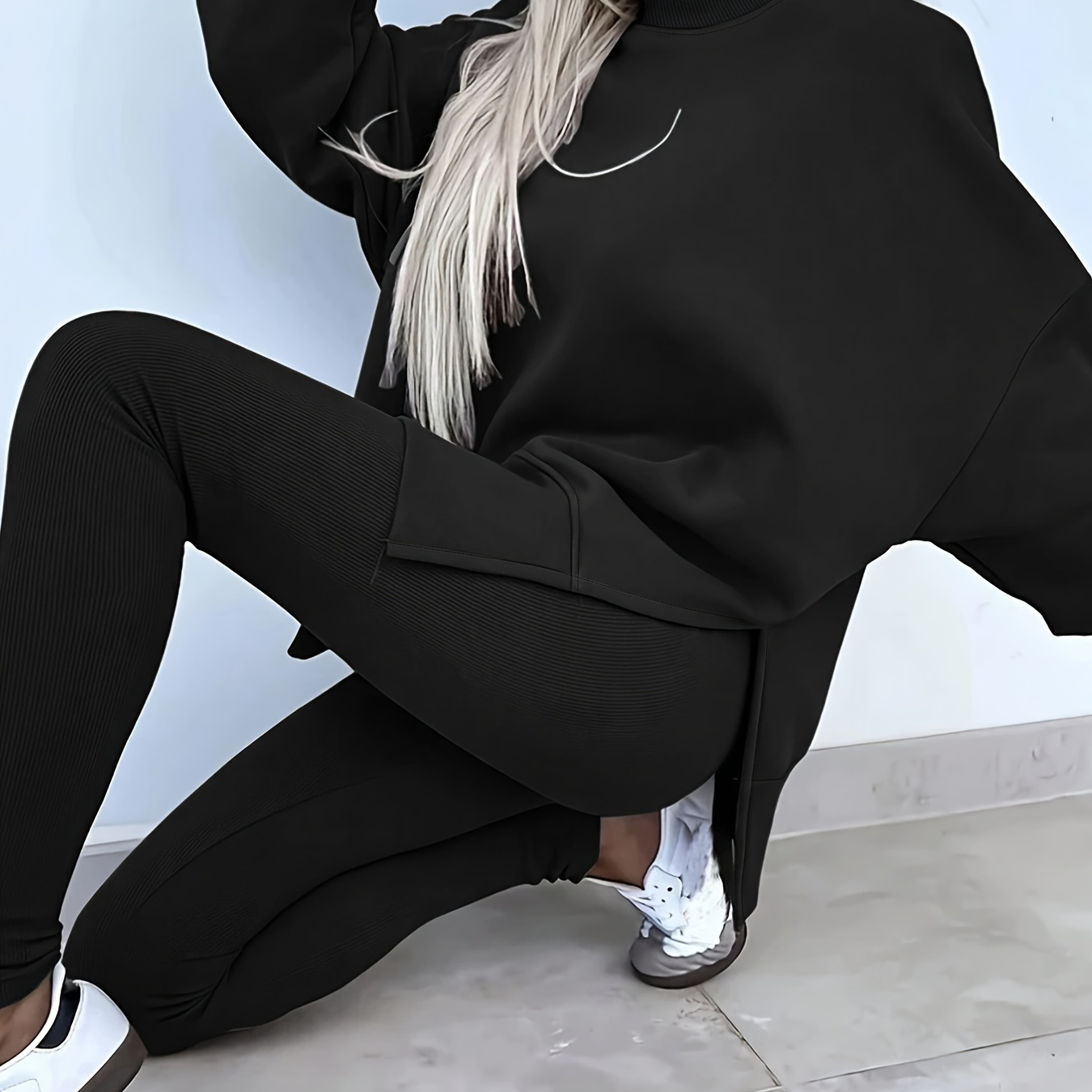 

Women's Round Long Sleeve Slit Sweatshirt And Leggings Set, Polyester Outfit For Fall/, Ladies' Pants