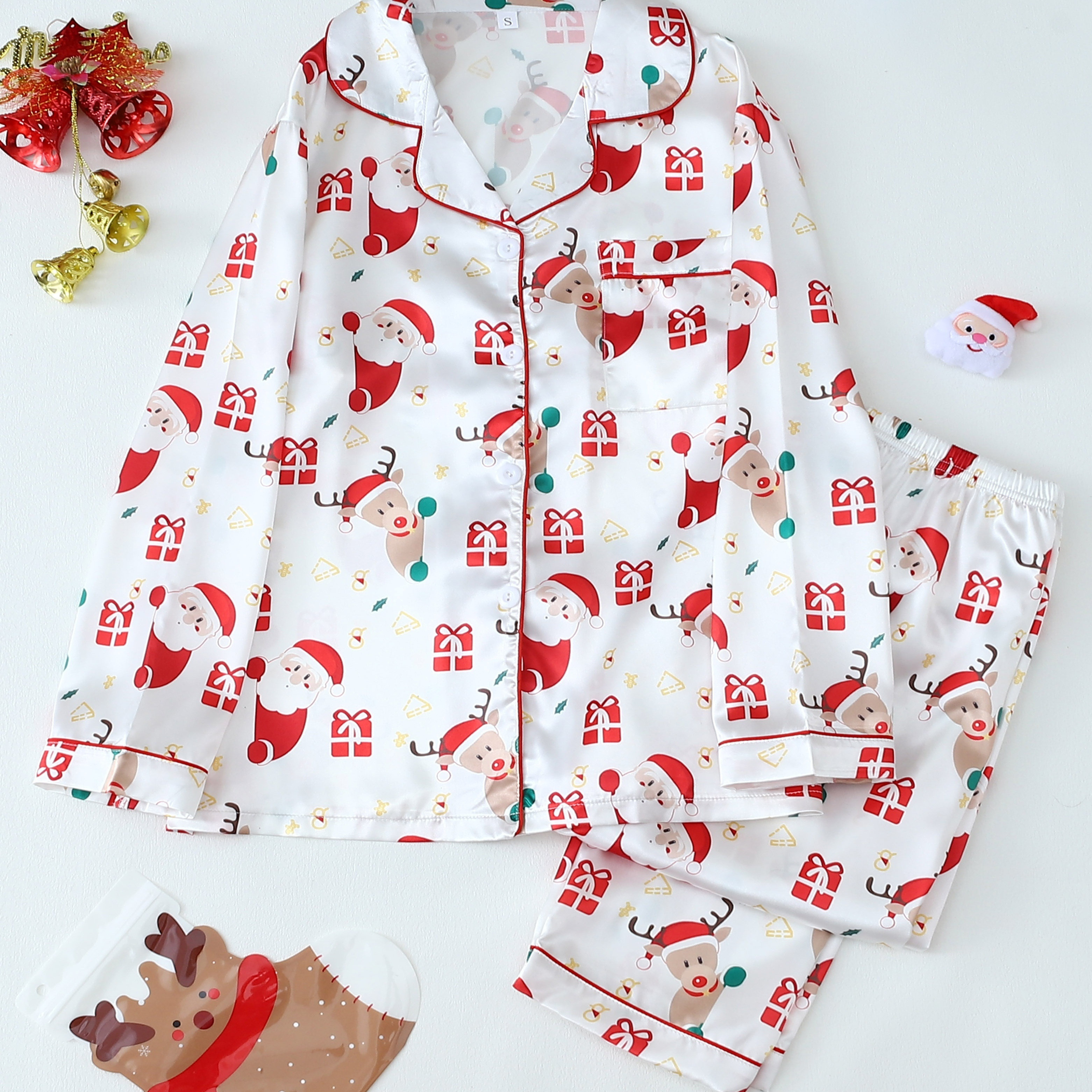 

Christmas Patterned Satin Pajama Set For Women - Casual Long Sleeve Pants And Jacket With Button Detail, Woven Polyester And Spandex , Adult One-piece Pajama Set With Design