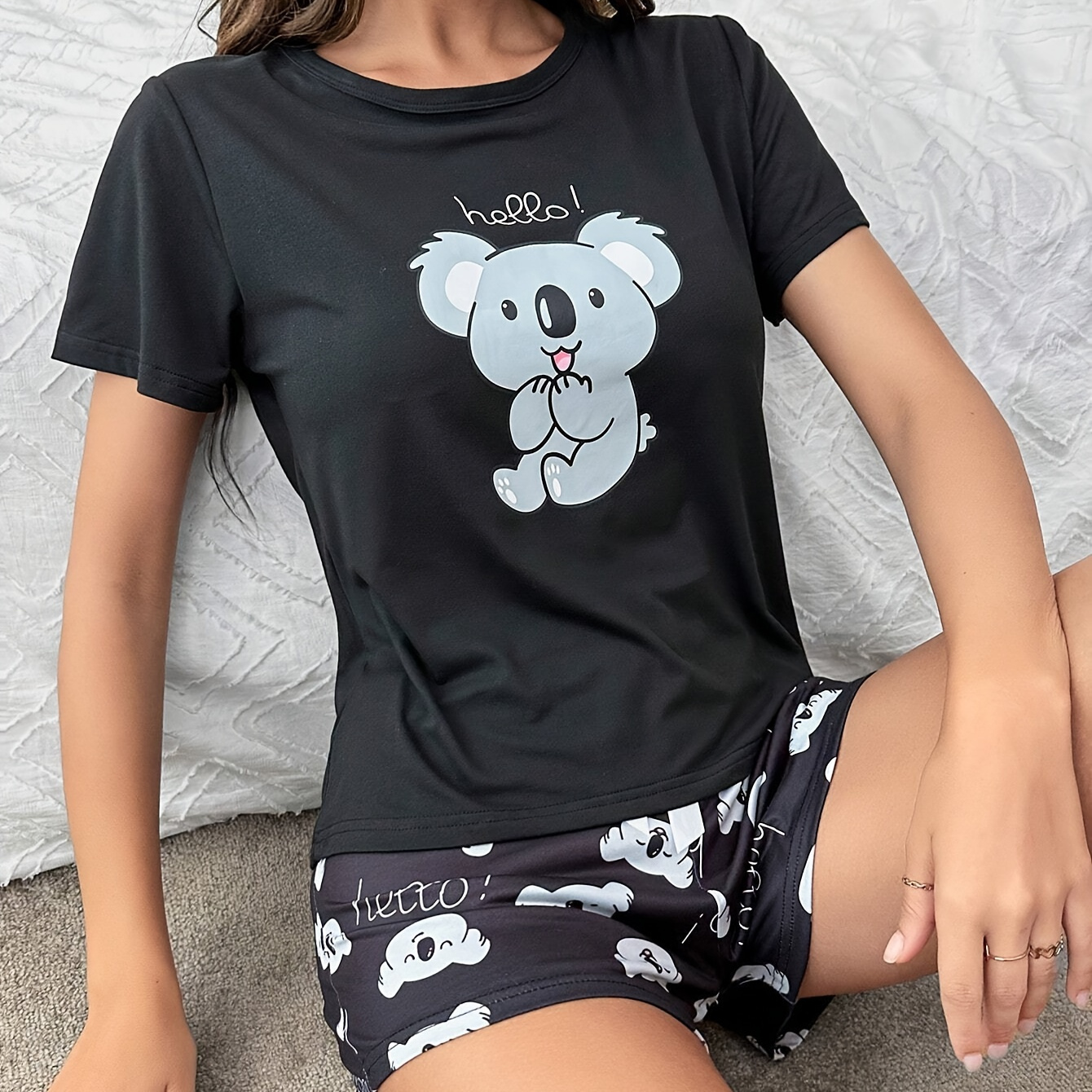 

Women's Cute Koala Print Pajama Set, Short Sleeve Round Neck Top & Shorts, Comfortable Relaxed Fit