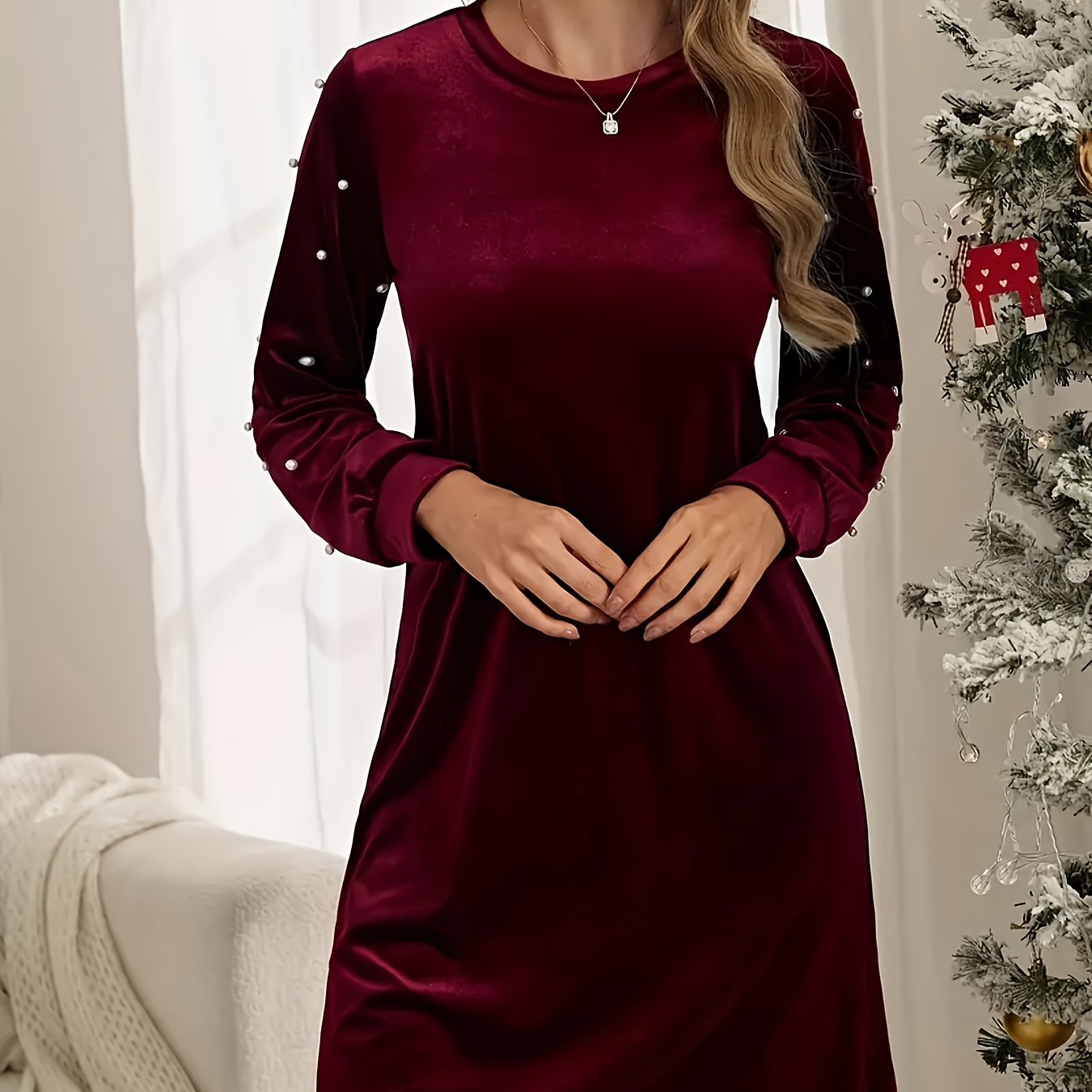 

Chic, Elegant Beaded Long Sleeve Dress For Women - Crew Neck, Knee-length, Polyester - Parties & Banquets, Plus Size Elegant Dress