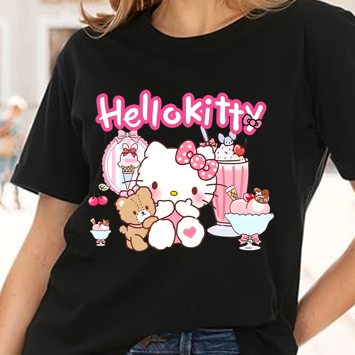 

[sanrio Authorized] Hello Kitty Cartoon T-shirt Sanrio Cute Casual & Comfy Short Sleeve For Everyday & Outdoors 220g