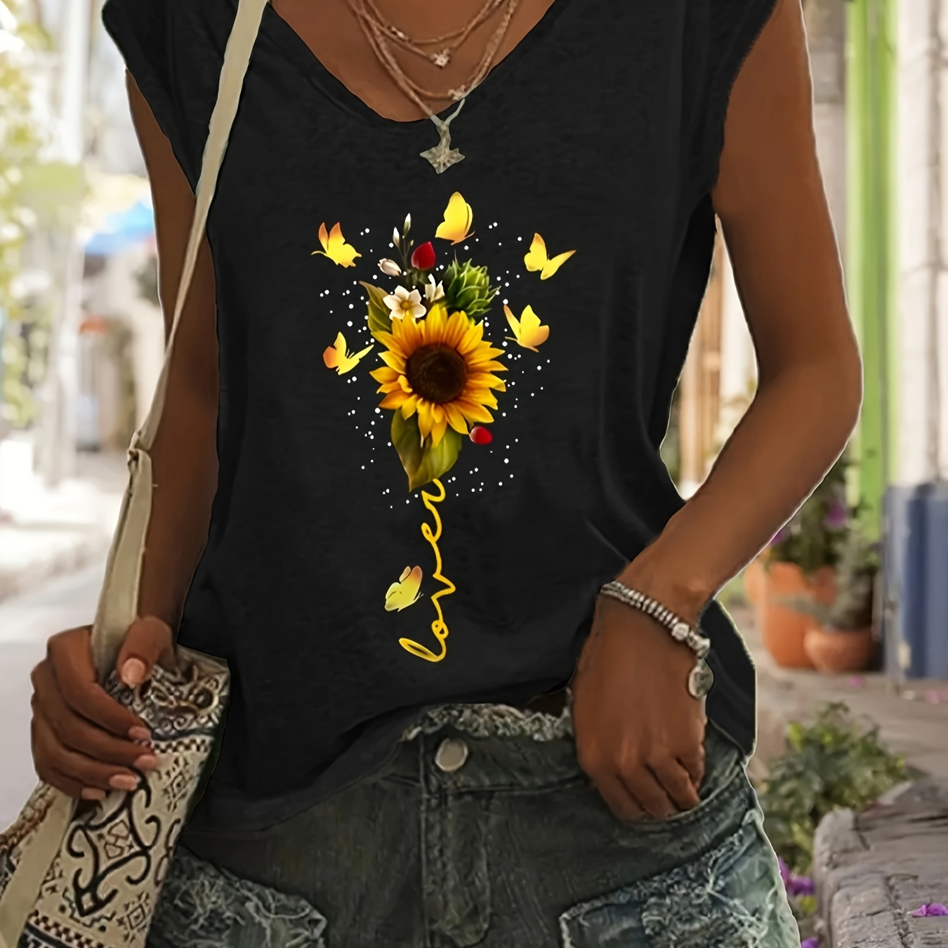 

Sunflower & Butterfly Print V Neck Tank Top, Casual Sleeveless Top For Spring & Summer, Women's Clothing