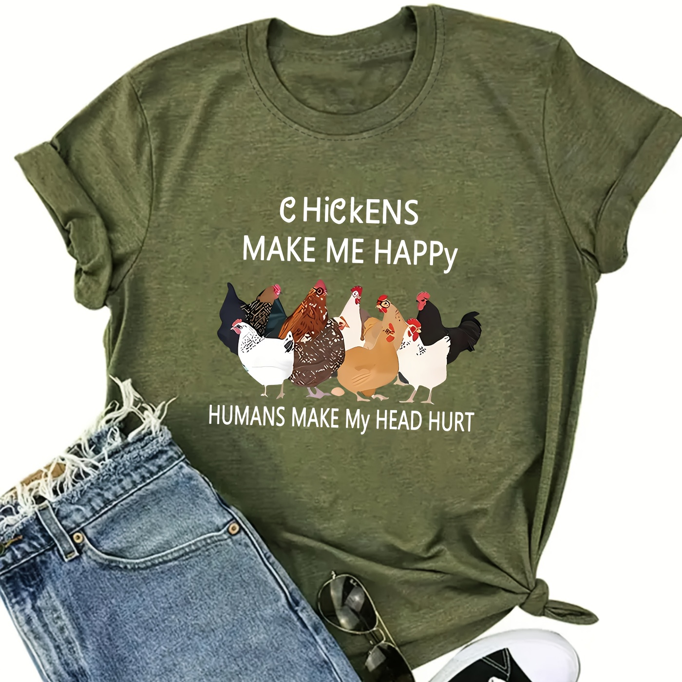 

Women's "chickens Happy" Graphic Tee - Purple Short Sleeve Crew Neck, Polyester , Machine Washable, Casual Summer Top, Chicken Shirt