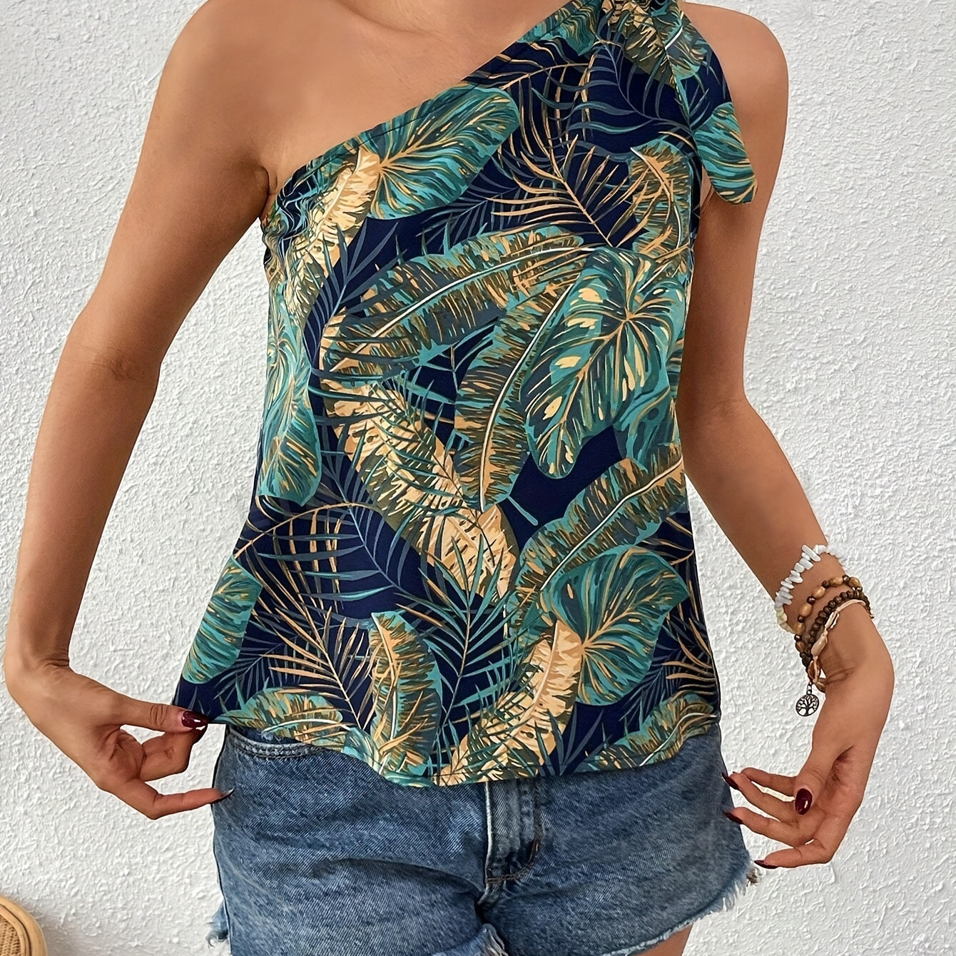 

Leaf Print 1 Shoulder Tank Top, Casual Backless Knot Sleeveless Tank Top For Spring & Summer, Women's Clothing