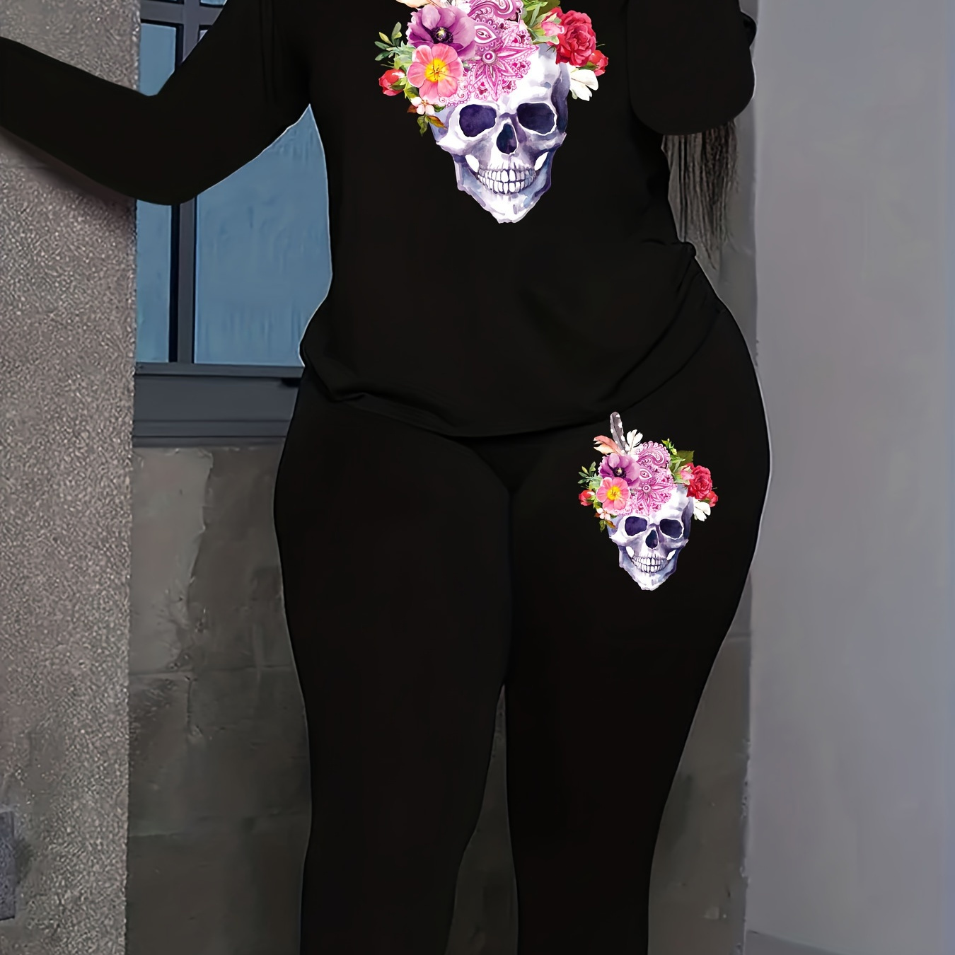 

Plus Size Skull Print Two-piece Set, Crew Neck Long Sleeve Top & Skinny Pants Outfits, Women's Plus Size Clothing