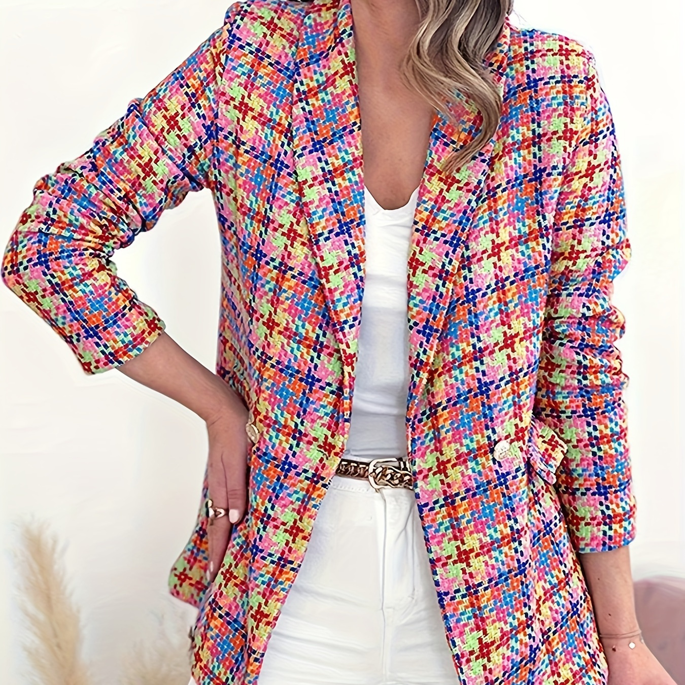 Blazer de manga larga con frente abierto a cuadros de dos piezas para mujer  y conjunto de pantalón con cintura elástica oso de fresa vestir