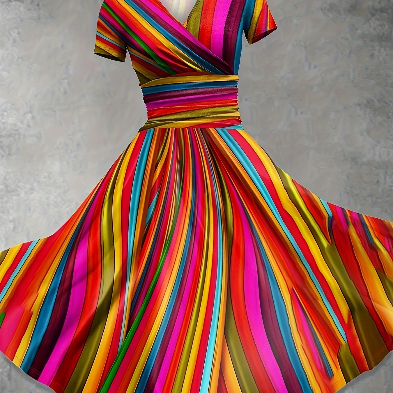 

Plus Size Colorful Stripe Print Cinched Waist Dress, Elegant Surplice Neck Short Sleeve Dress, Women's Plus Size Clothing