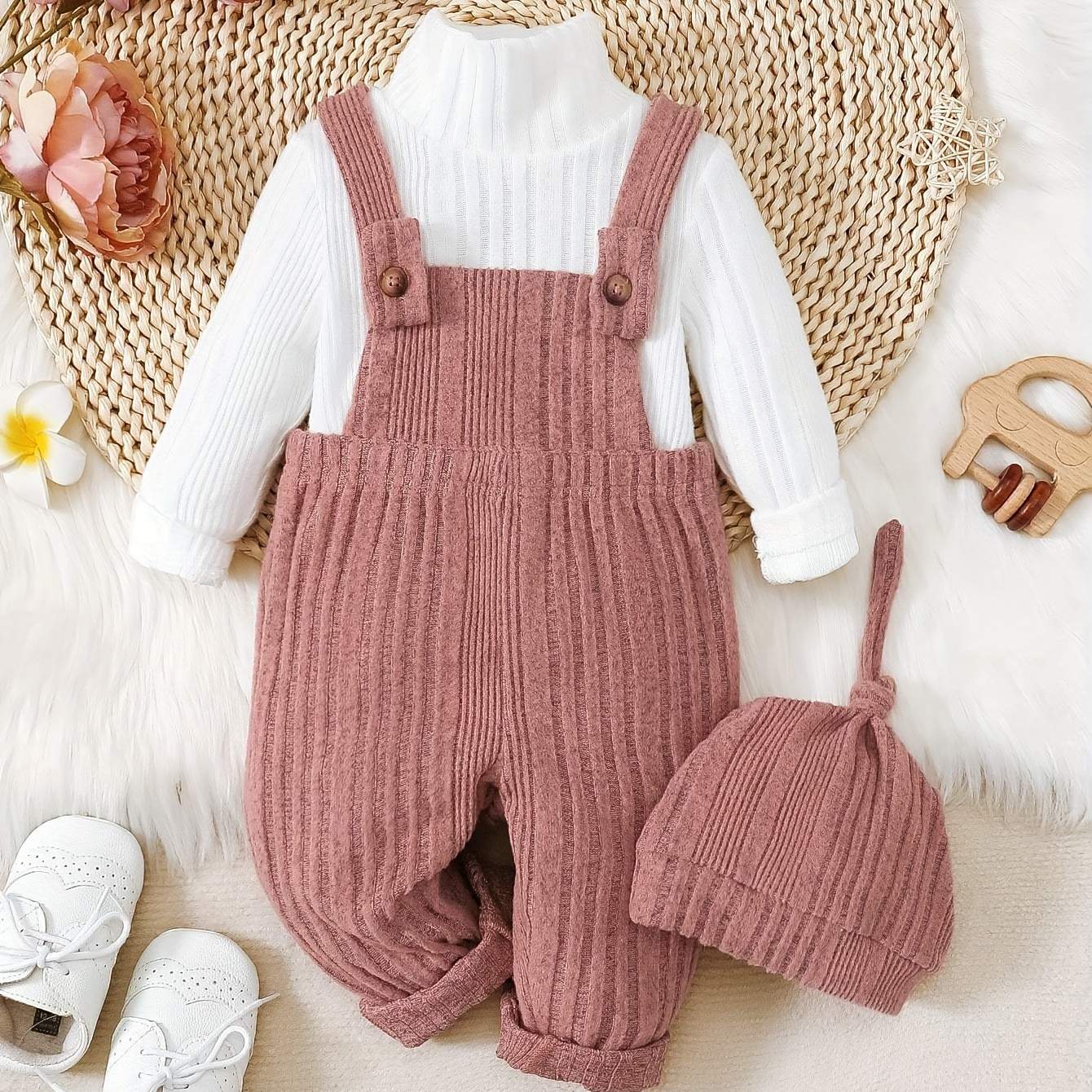 

Baby Girls Solid Color Turtleneck Long Sleeve Top + Casual Bib Pants With Hat Set