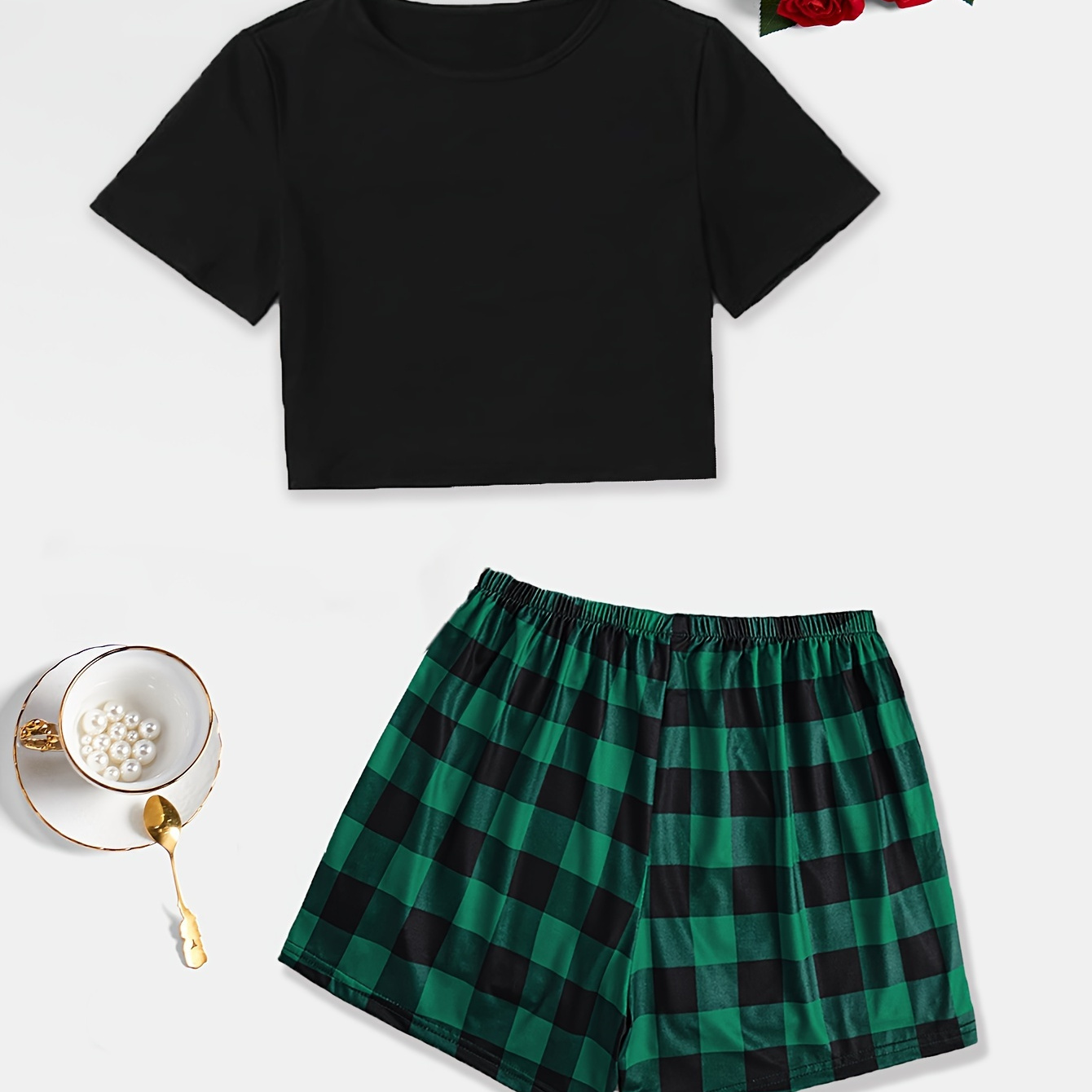 

Casual Plaid Print Pajama Set, Short Sleeve Crew Neck Crop Top & Elastic Shorts, Women's Sleepwear & Loungewear