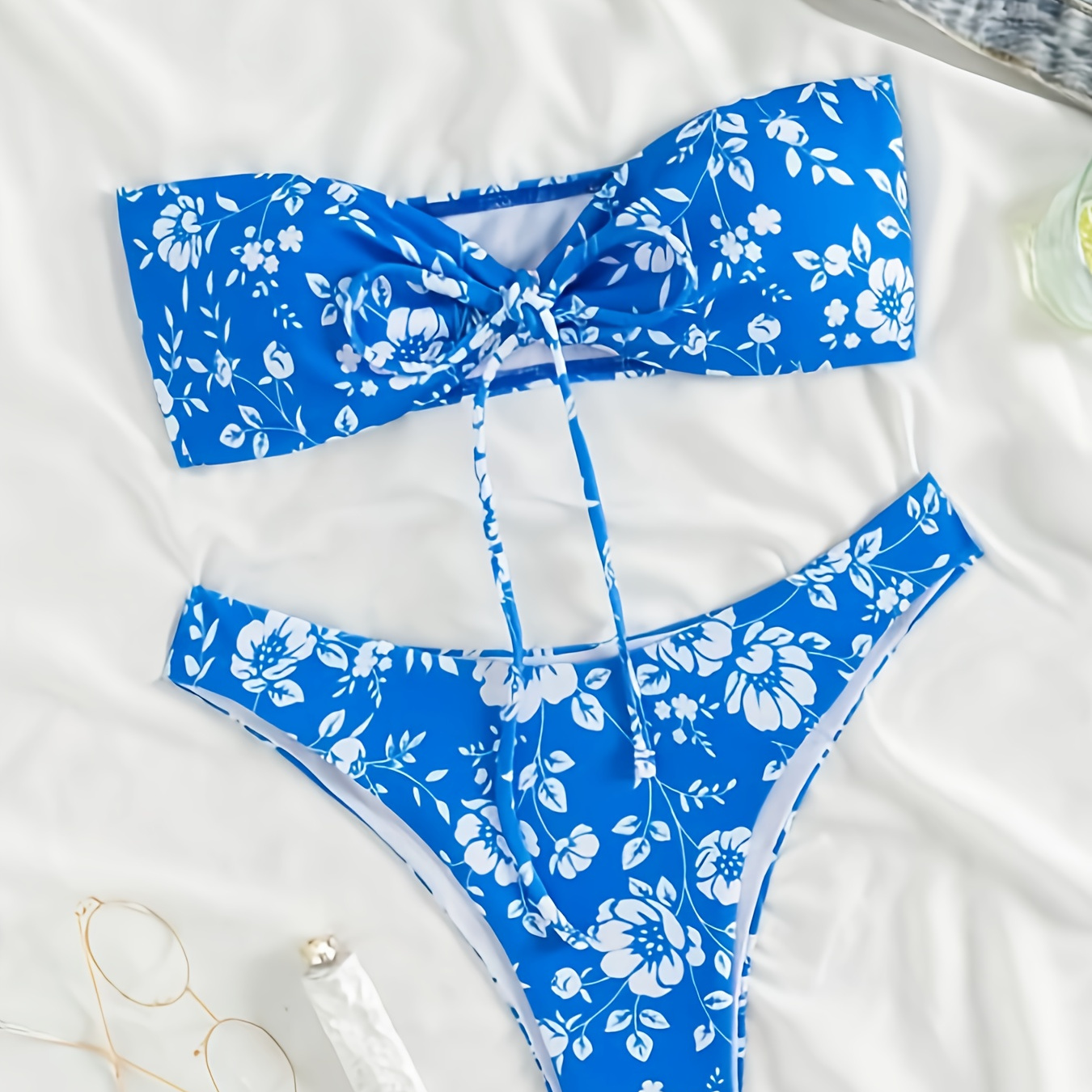 

Floral Pattern 2 Pieces Set Swimsuit, Bandeau Tie Front High Cut Bikini Set, Women's Swimwear & Clothing
