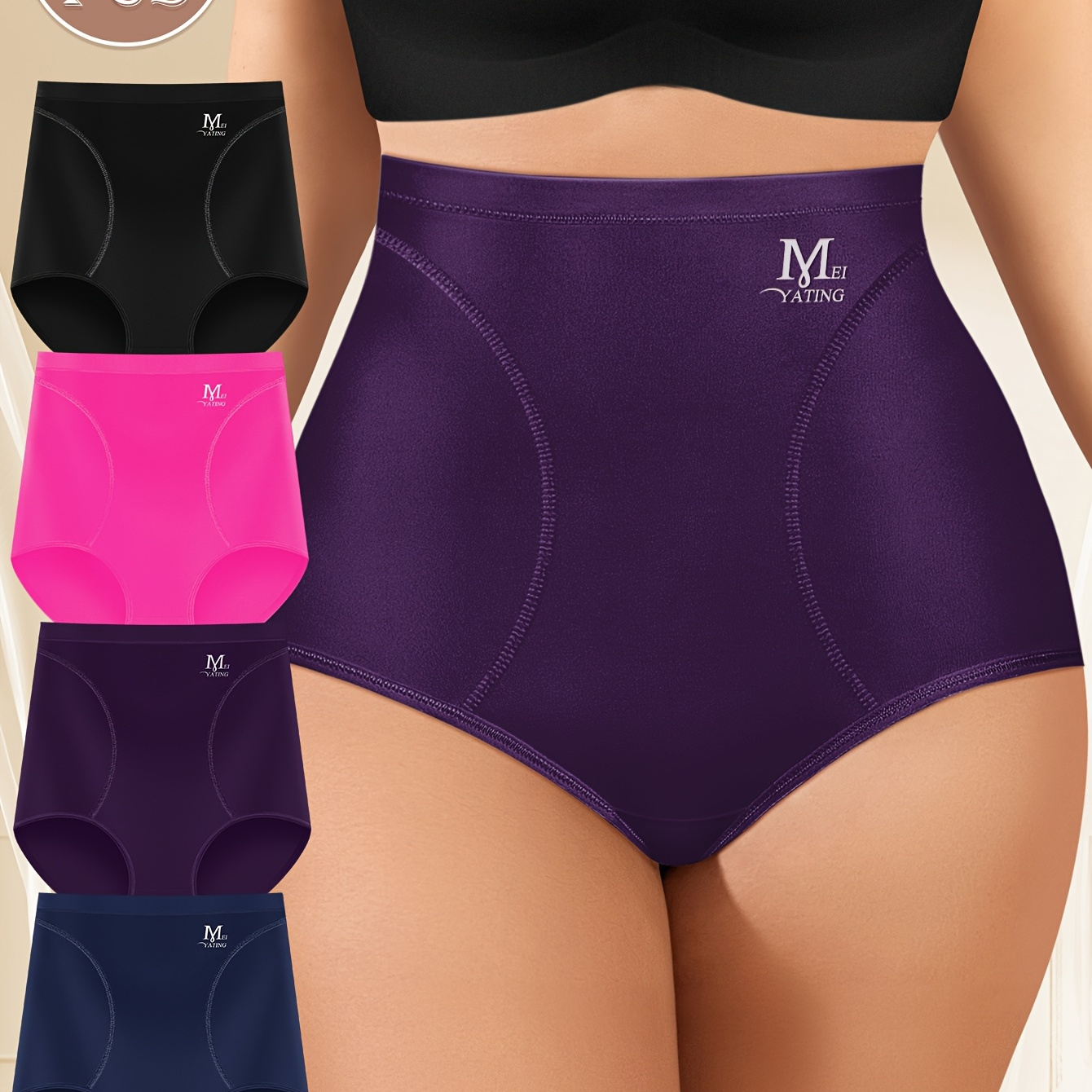 

4-Pack MEIYATING - Culottes gainantes taille haute élégantes pour femmes, grande taille, du ventre, tissu polyester tricoté, respirant et avec une élasticité moyenne, de cils de couleur unie