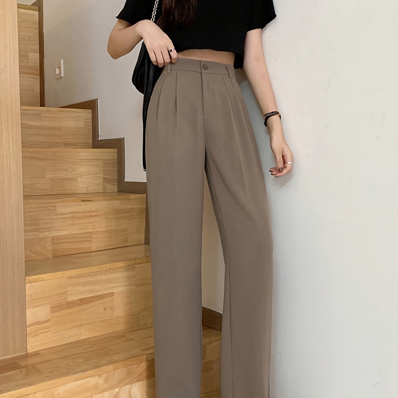 

Solid Draped Straight Leg Pants, Casual Button High Waist Pleated Pants, Women's Clothing