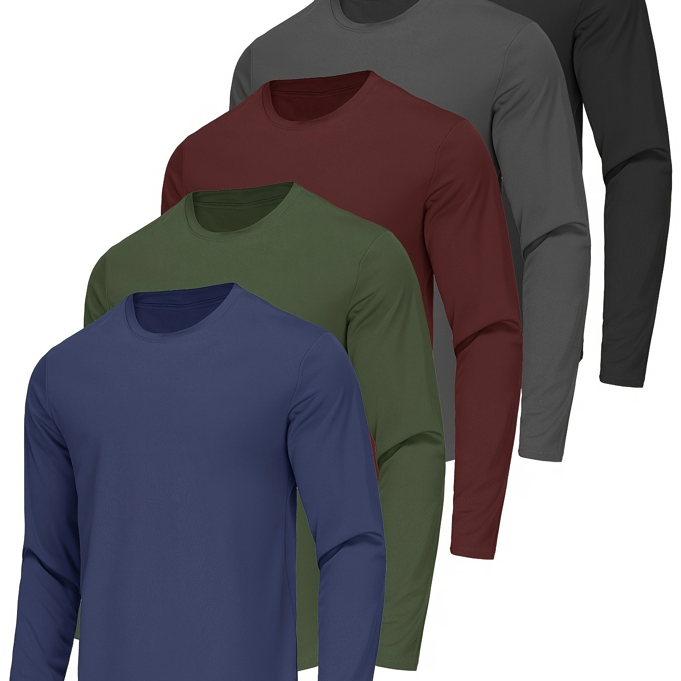 

5 T-shirts à manches longues de couleur unie, respirants et à séchage rapide pour hommes, avec col rond, pour le sport d'été et les tenues décontractées.