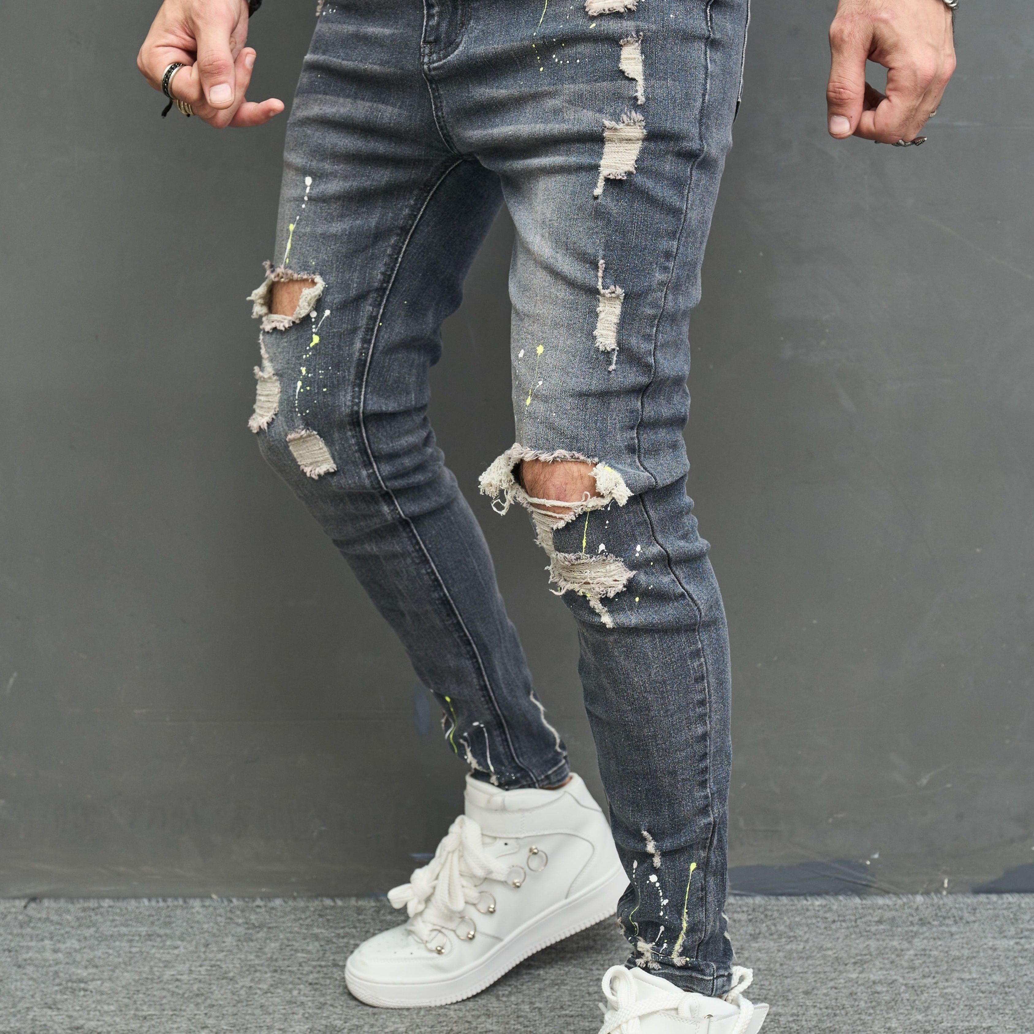 

Men's Cotton Blend Ripped Distressed Jeans, Chic Street Style Slim Fit Bottoms For Men, All Seasons