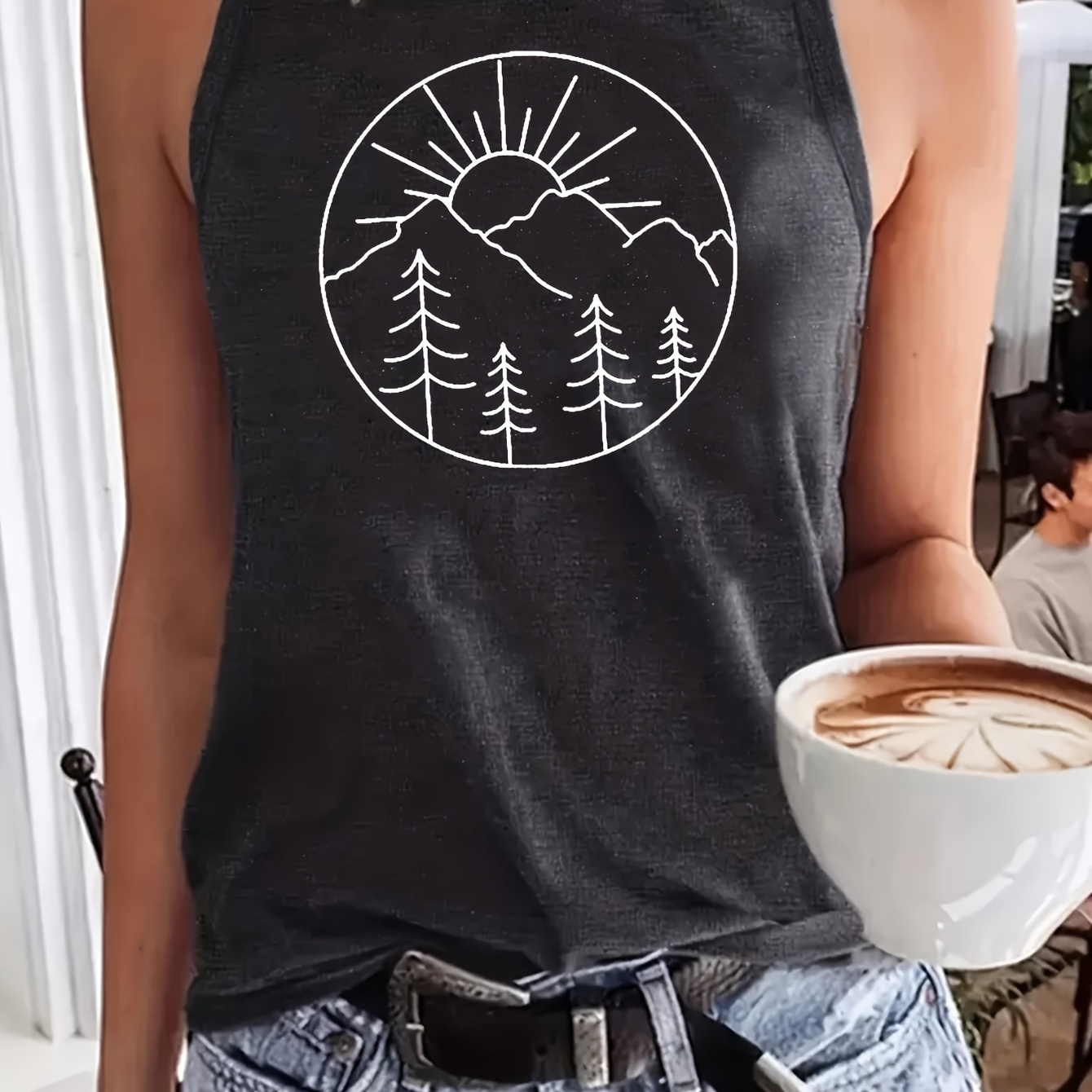 

Sun & Mountains Print Tank Top, Casual Sleeveless Tank Top For Summer, Women's Clothing